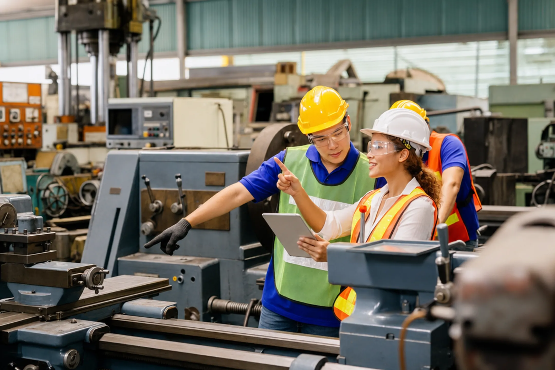 Diverse industrial workforce collaborating on manufacturing floor task
