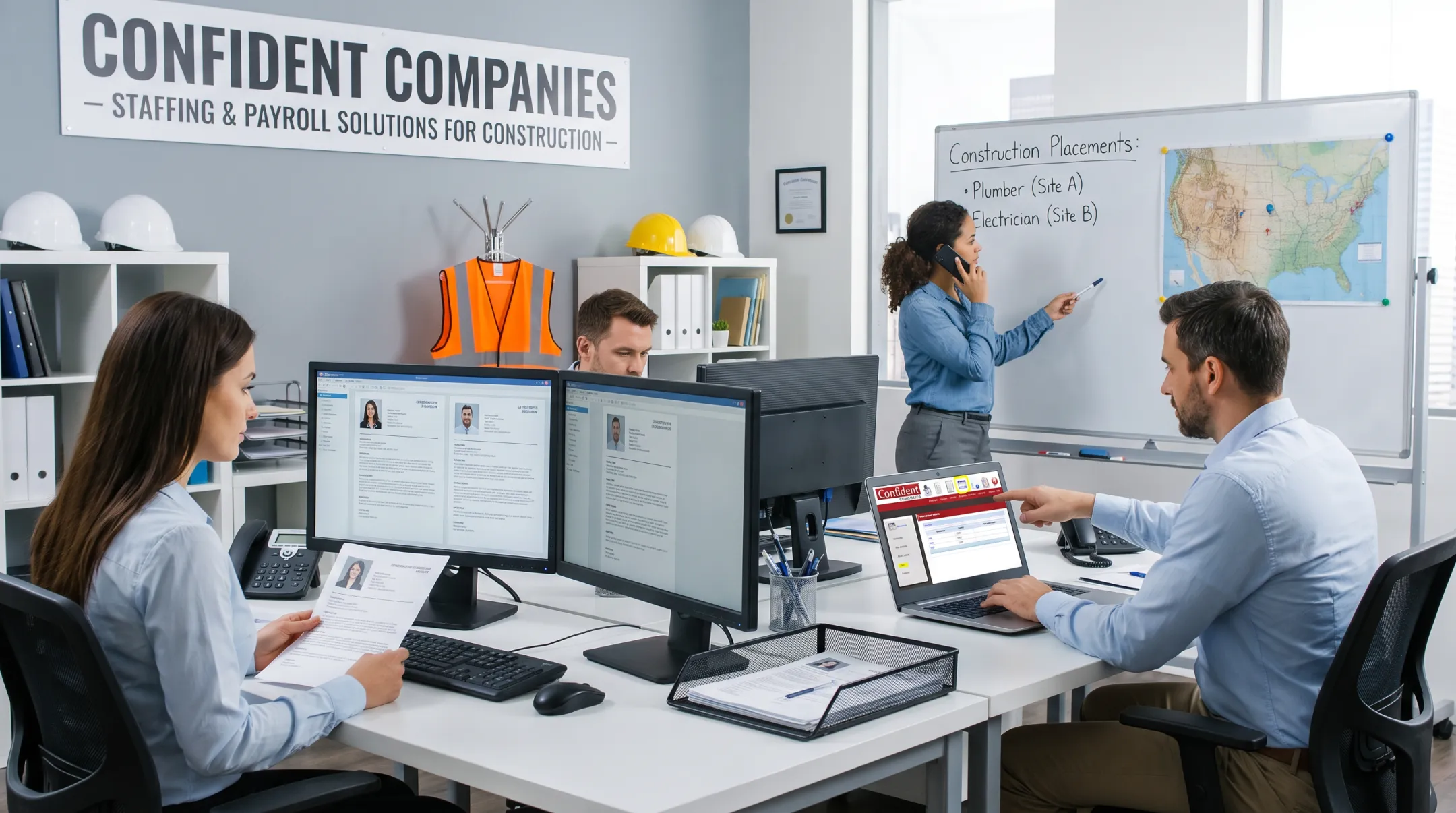 Confident Staffing team coordinating construction worker placement and payroll services