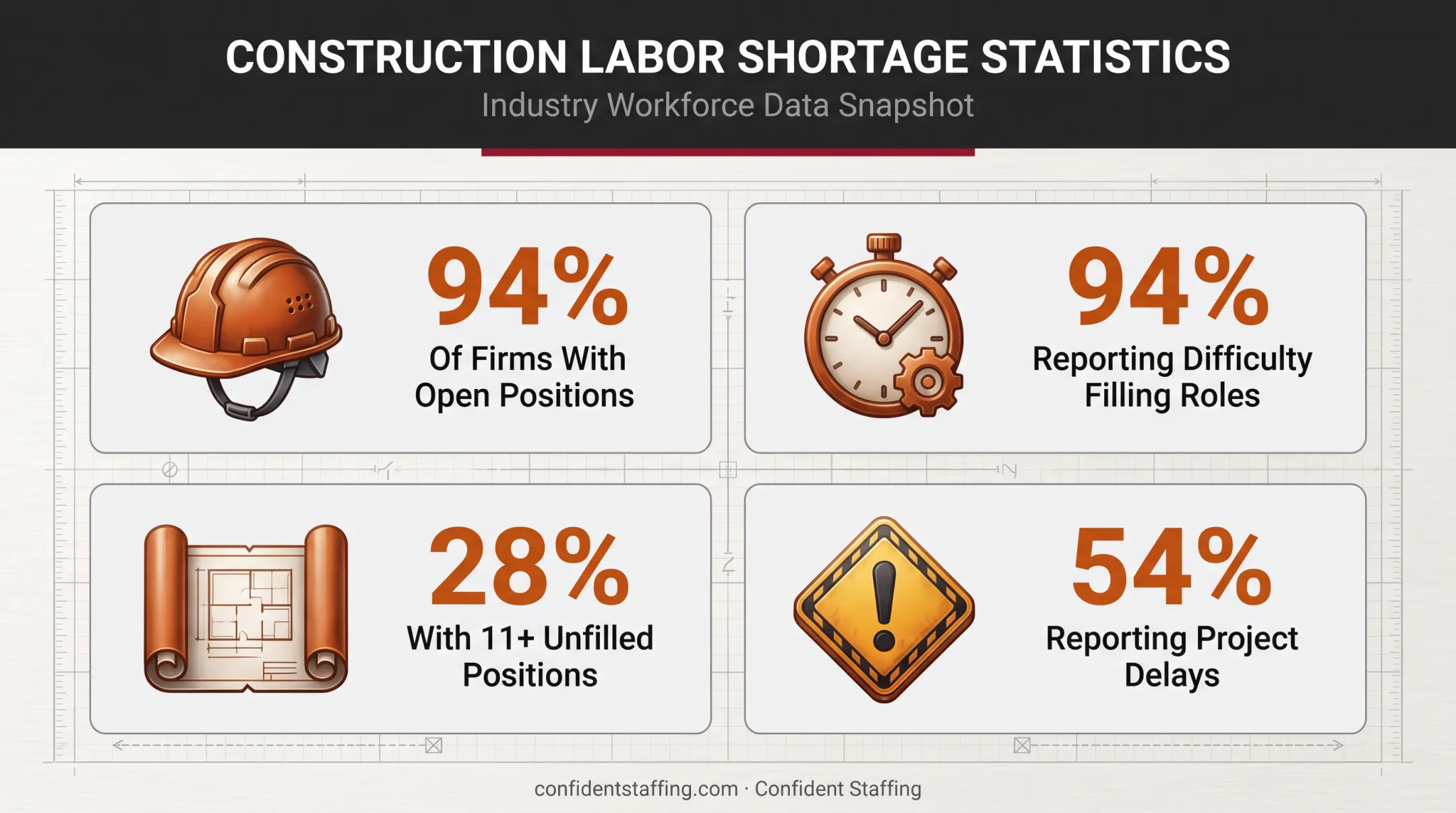 Construction workforce shortage statistics showing open positions and hiring difficulty