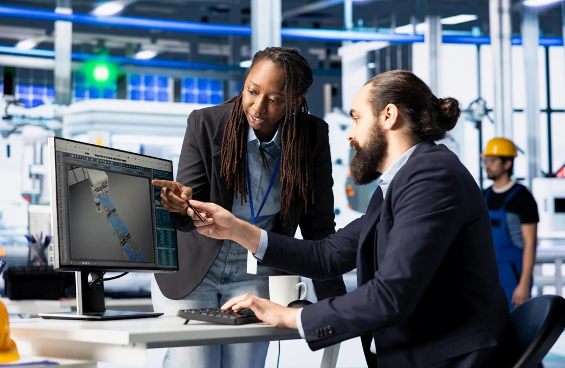 Engineer collaborating with manufacturing team on plant automation project