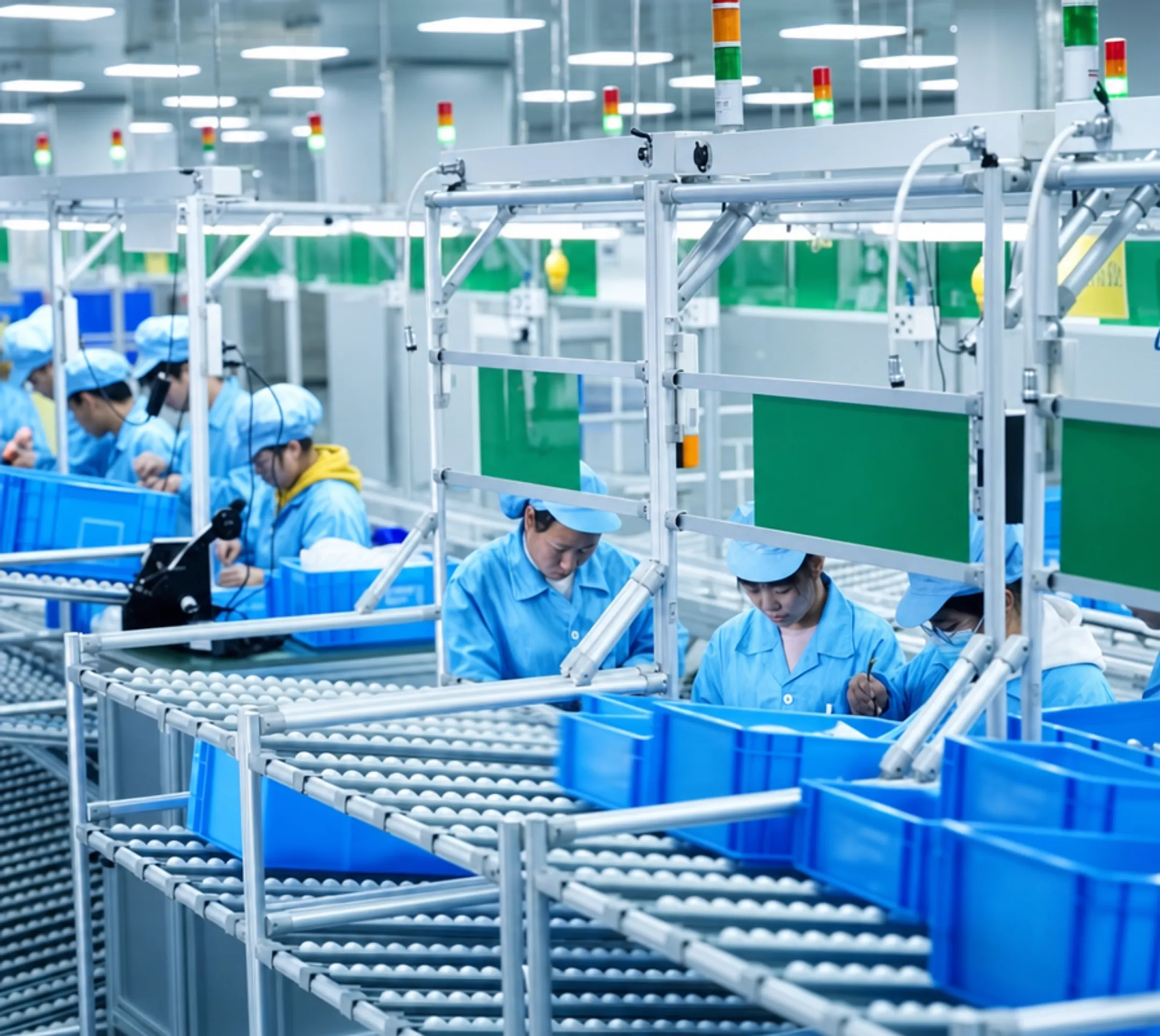Assembly line workers operating production equipment during seasonal demand surge
