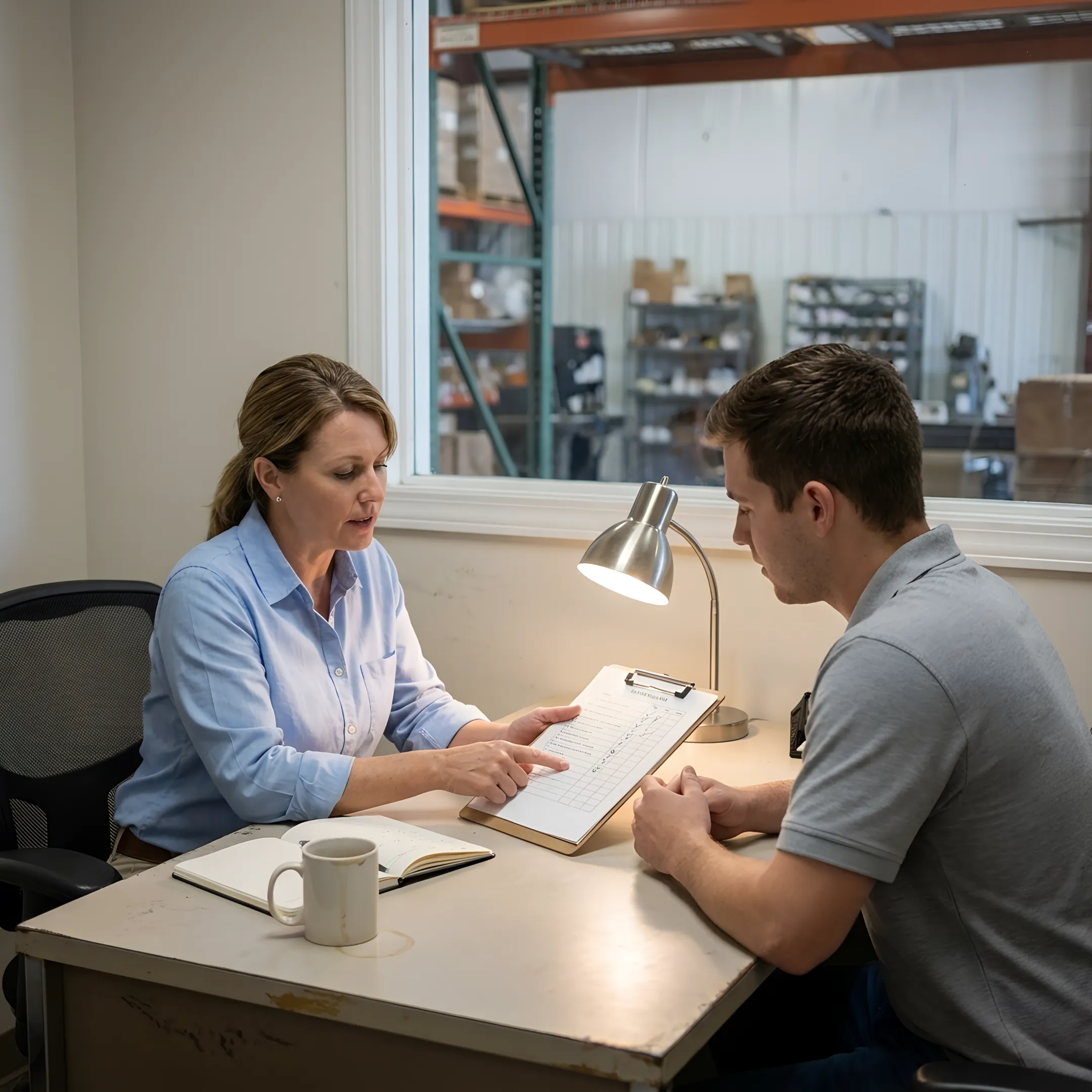Supervisor reviewing work with a temp-to-hire employee