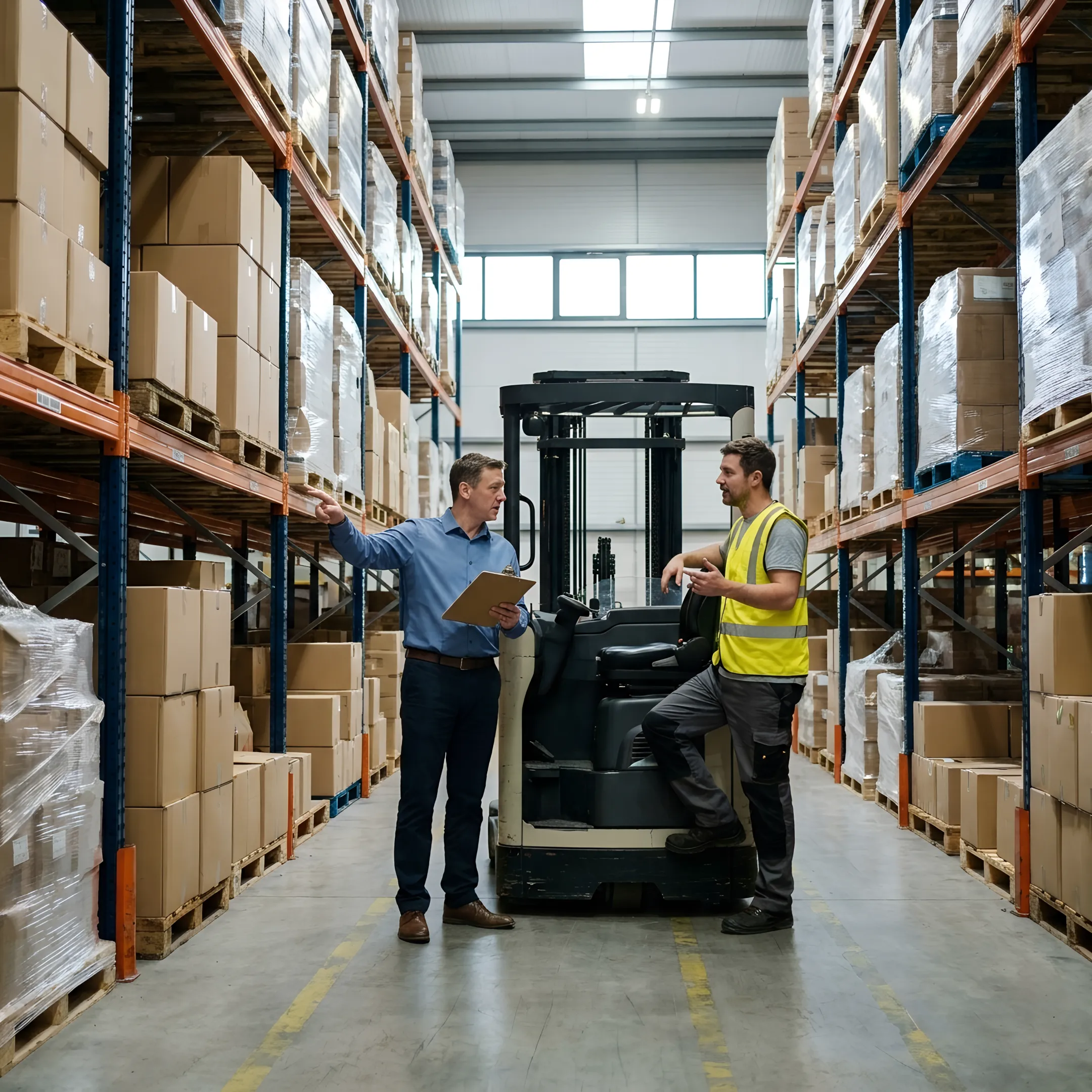 Warehouse manager speaking with forklift operator