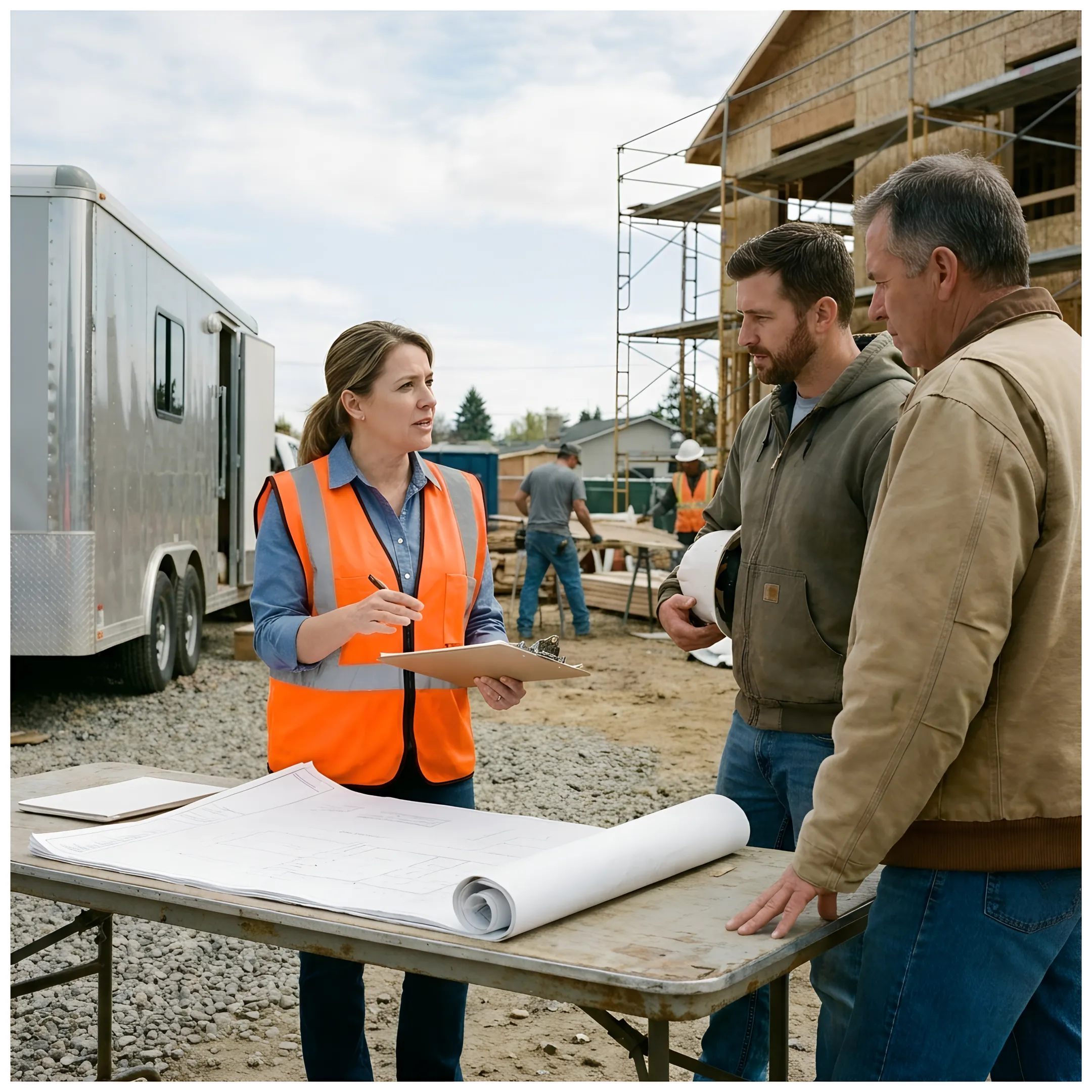 Construction manager meeting with skilled workers