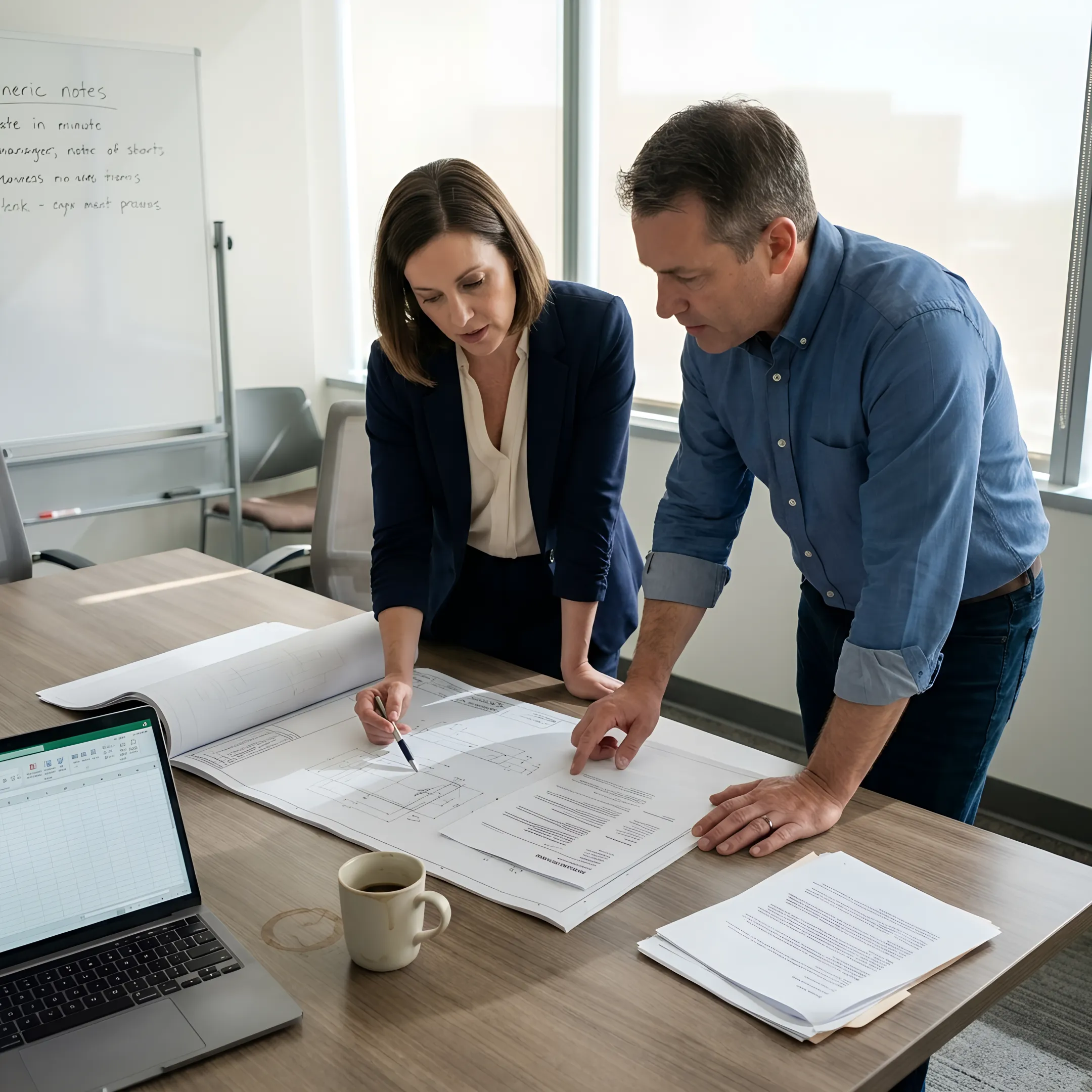 Engineer and recruiter reviewing technical plans