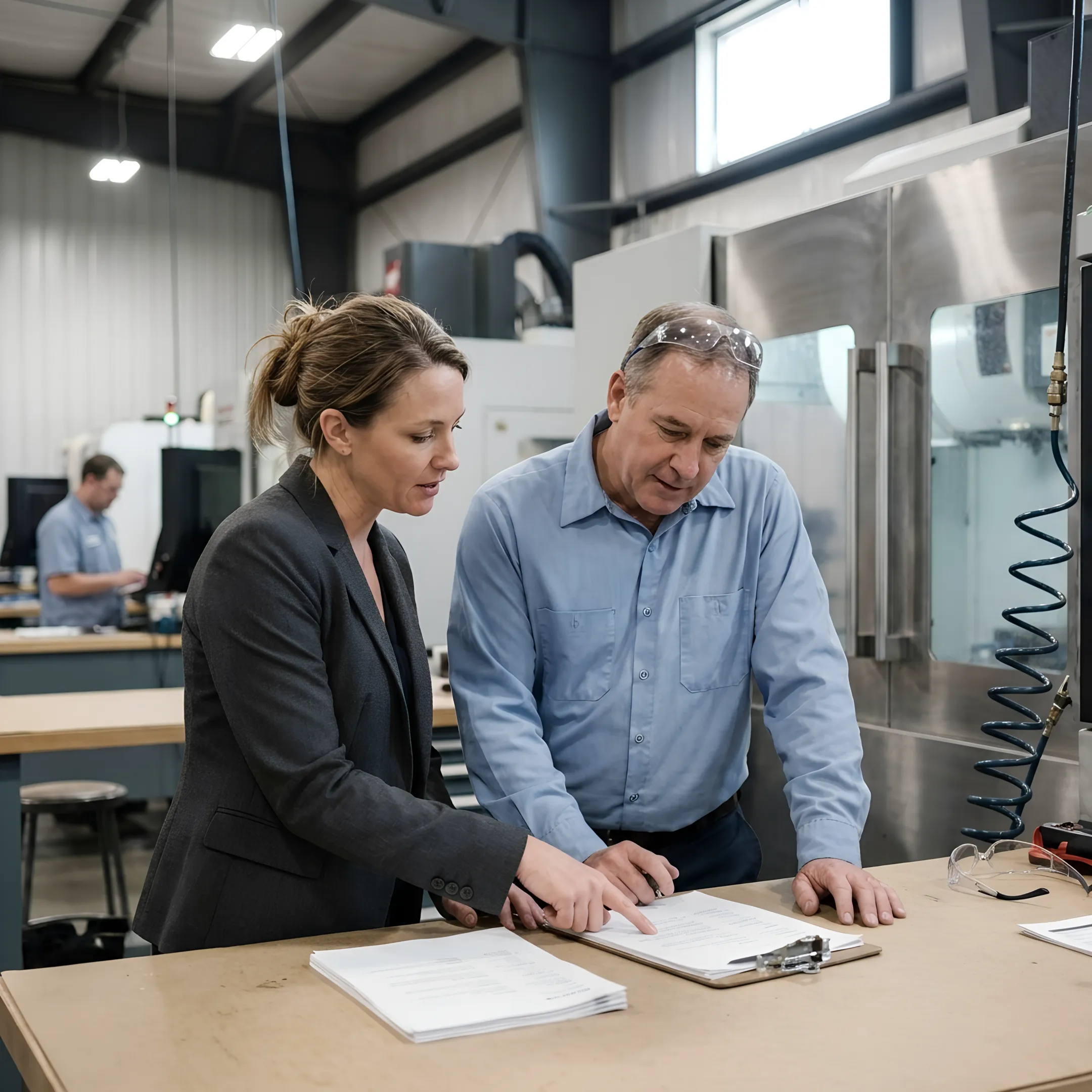 Recruiter and manufacturing manager reviewing CNC candidate qualifications