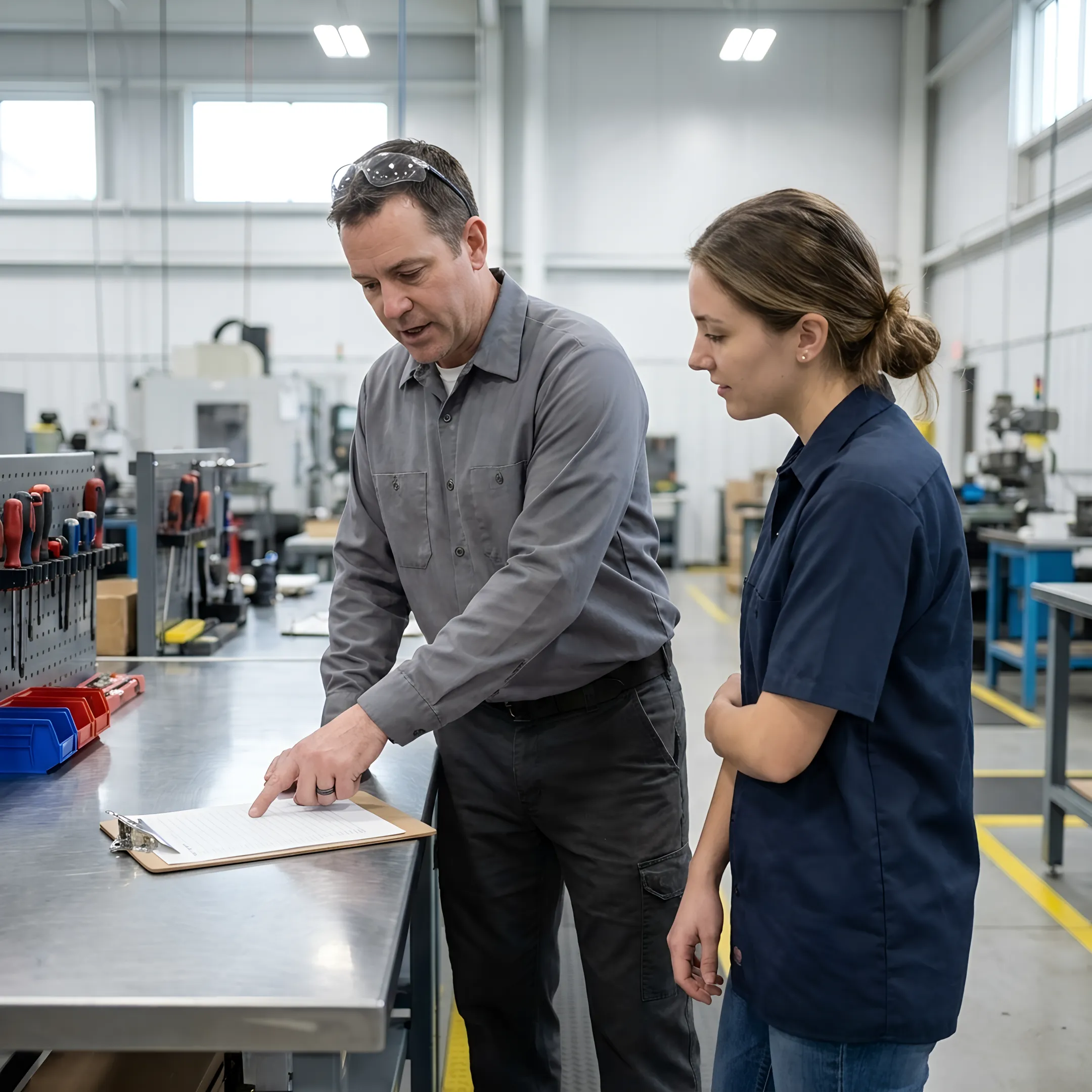 Supervisor reviewing work with a temporary employee