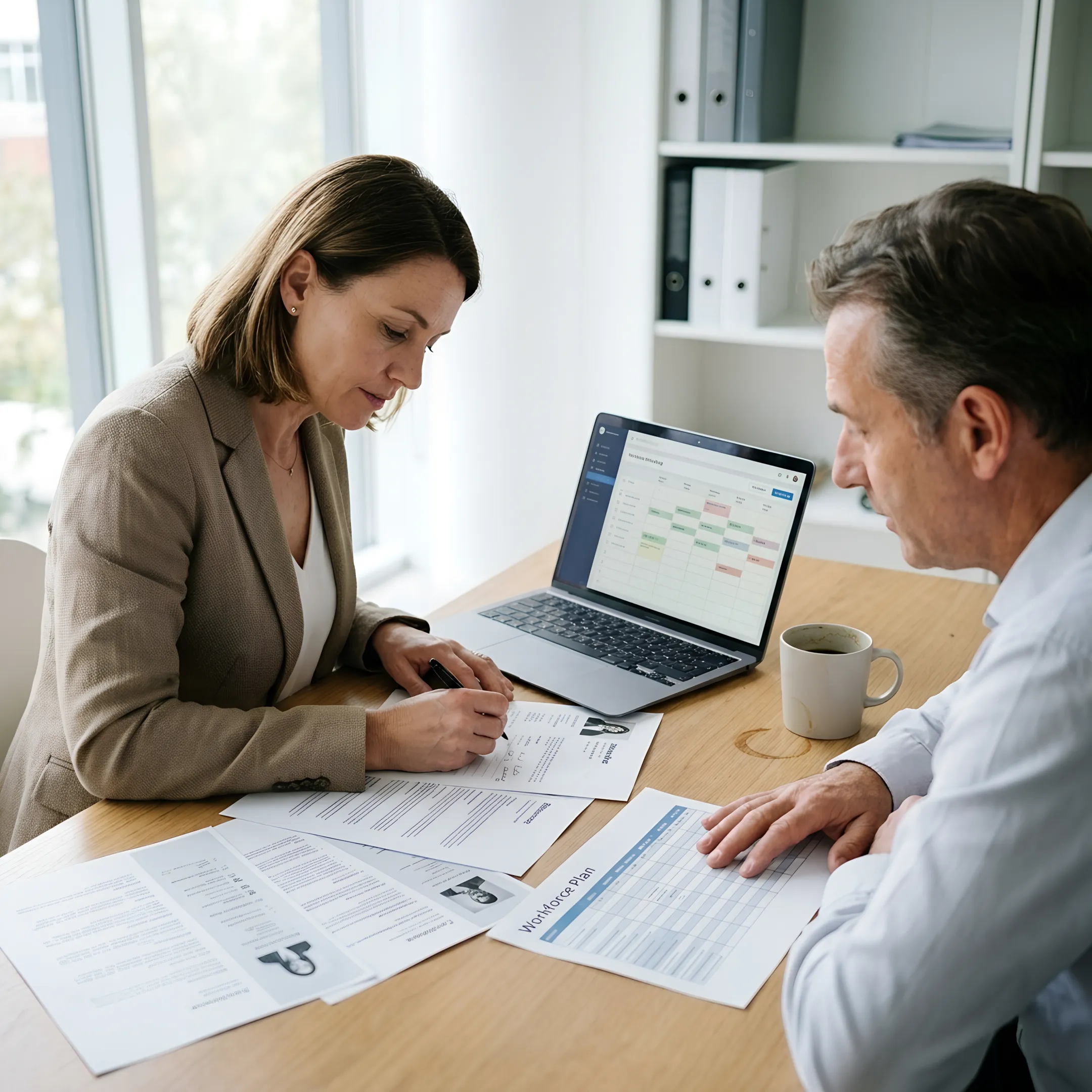 Staffing consultant discussing hiring needs with an employer