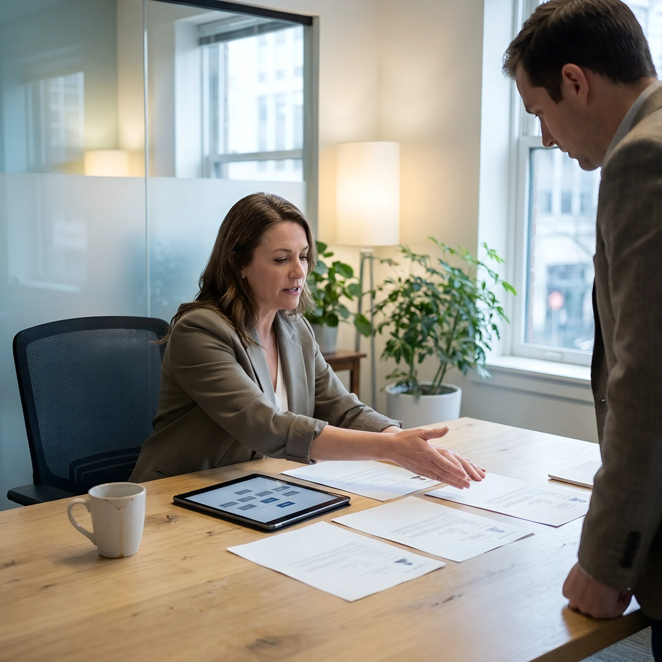 Staffing consultant discussing workforce needs with employer