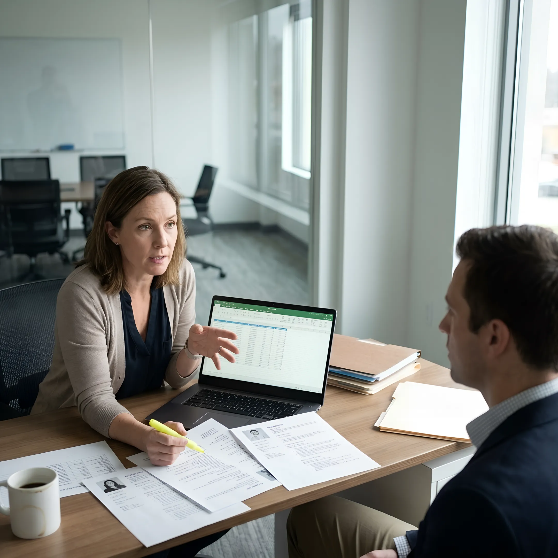 Staffing consultant discussing hiring needs with an employer
