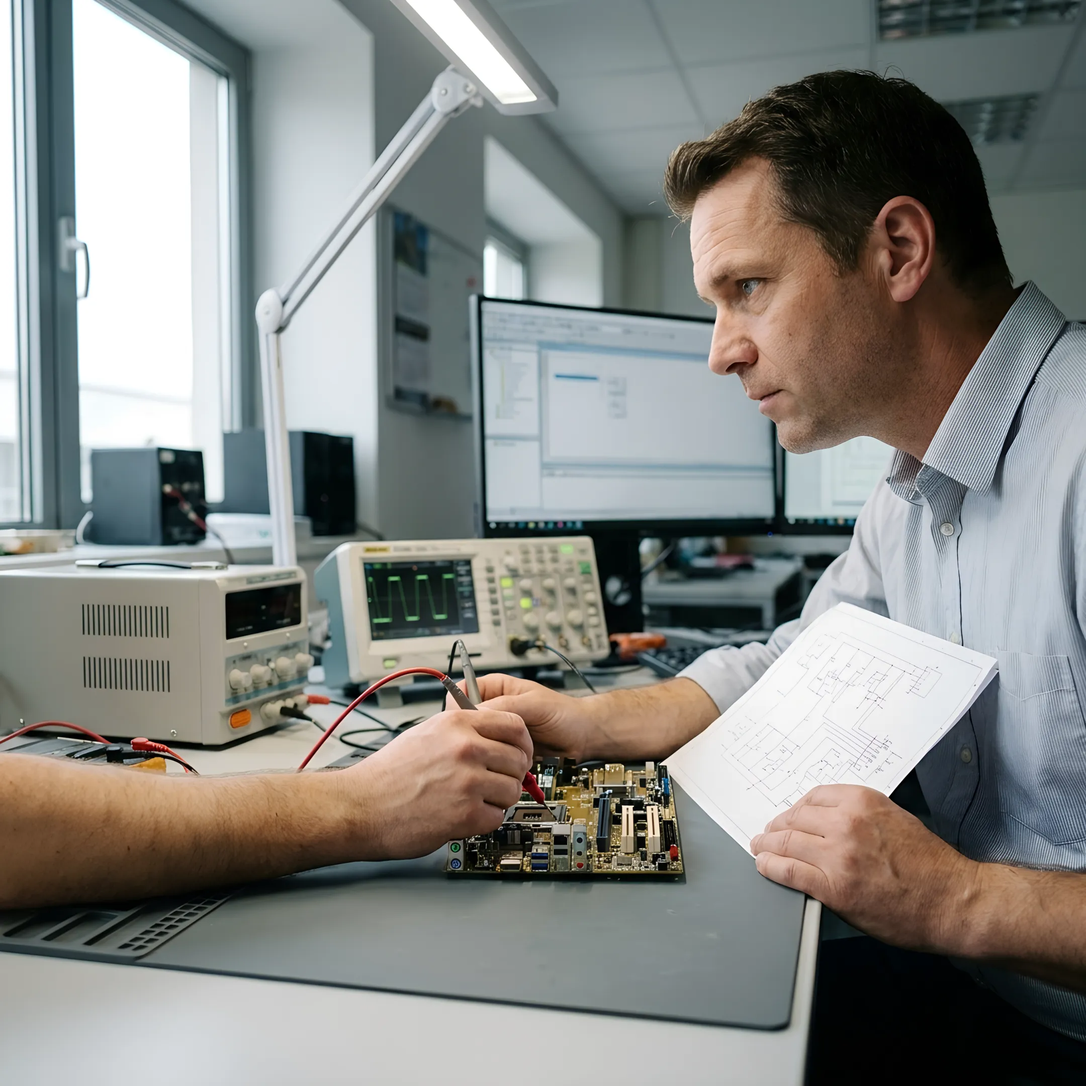 Electrical engineer reviewing a circuit board