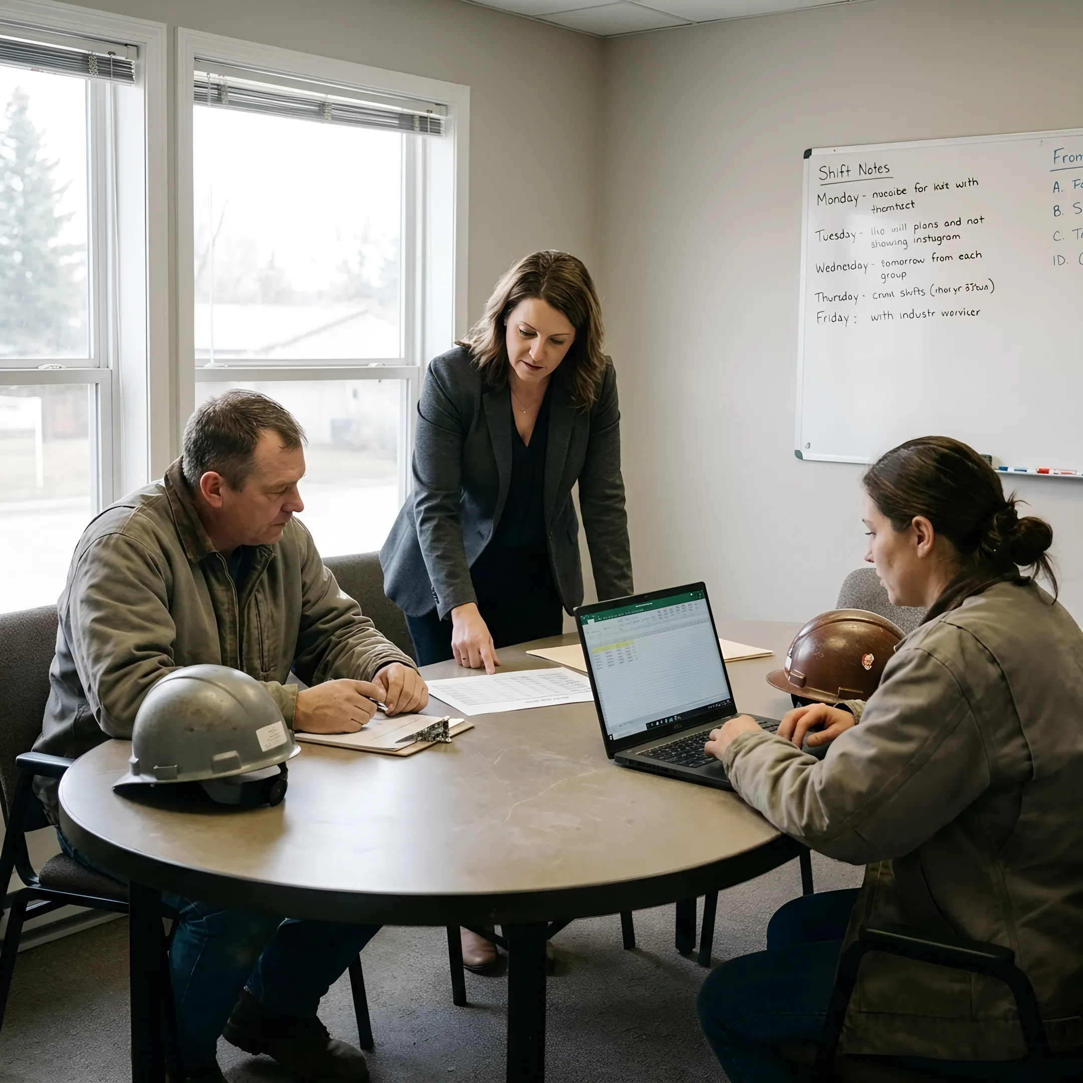 Staffing coordinator meeting with skilled workers