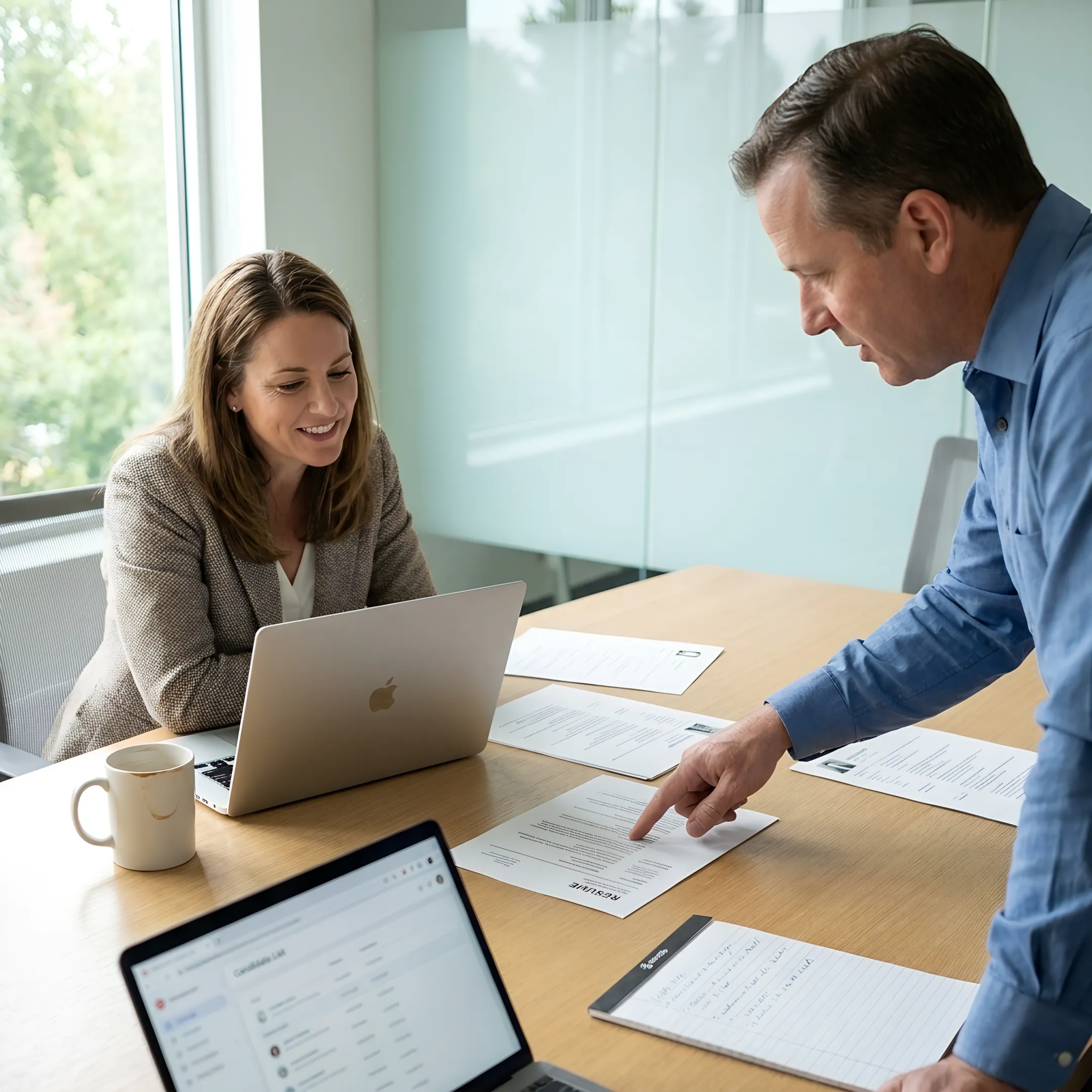 Staffing specialist reviewing candidates with manager
