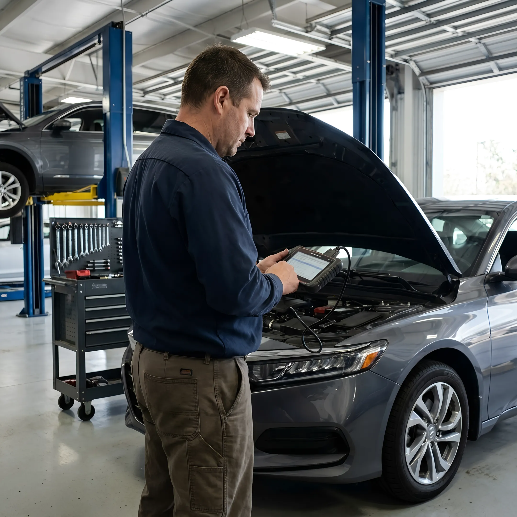 Mechanic using a vehicle diagnostic scanner