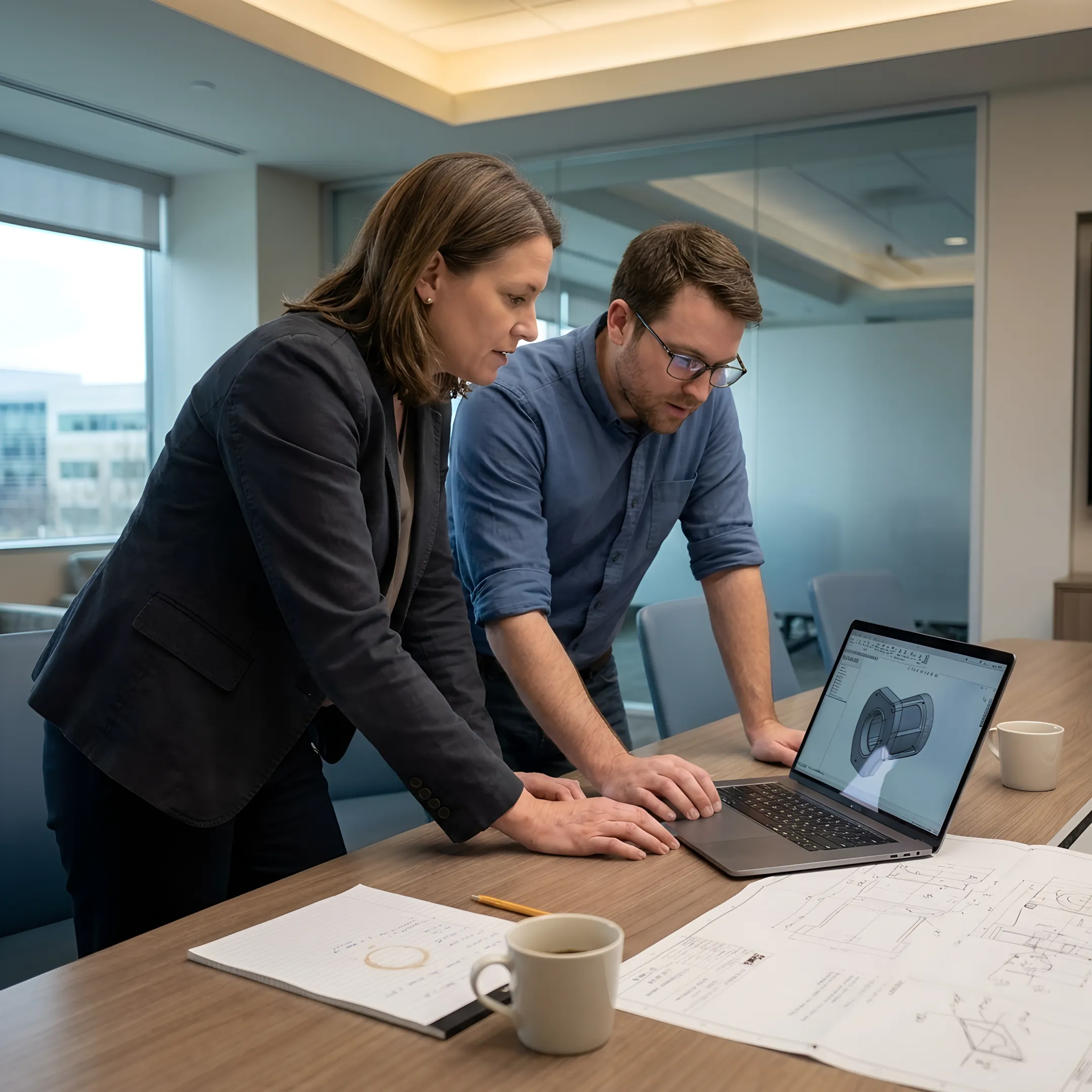 Mechanical engineer discussing a design with recruiter