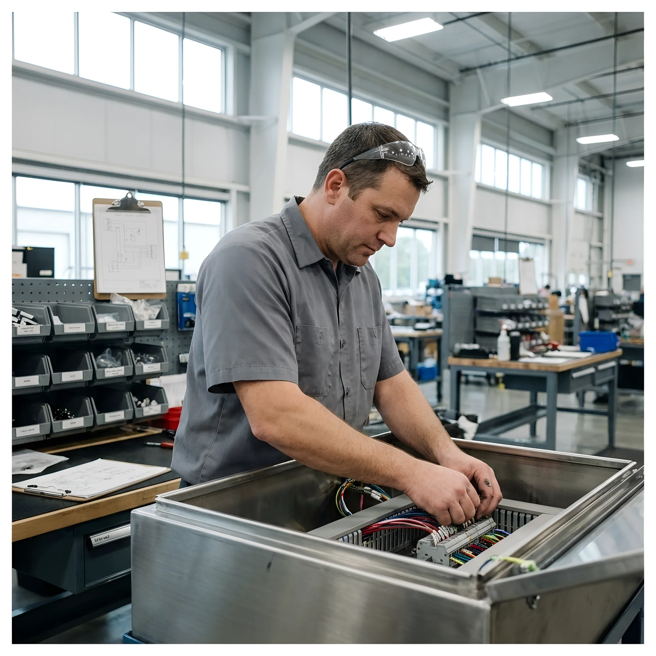 Assembler inspecting control panel components