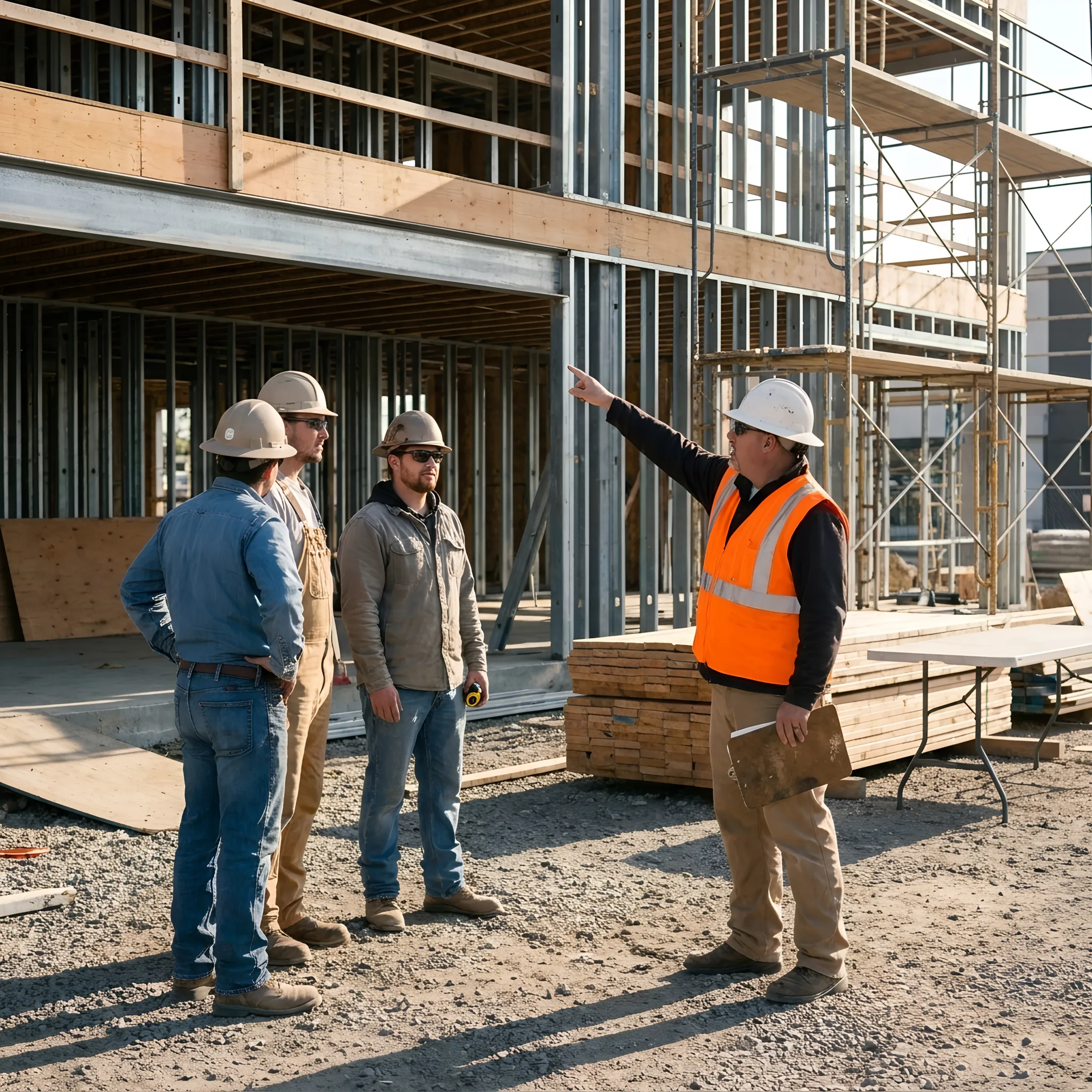Construction manager speaking with workers on site