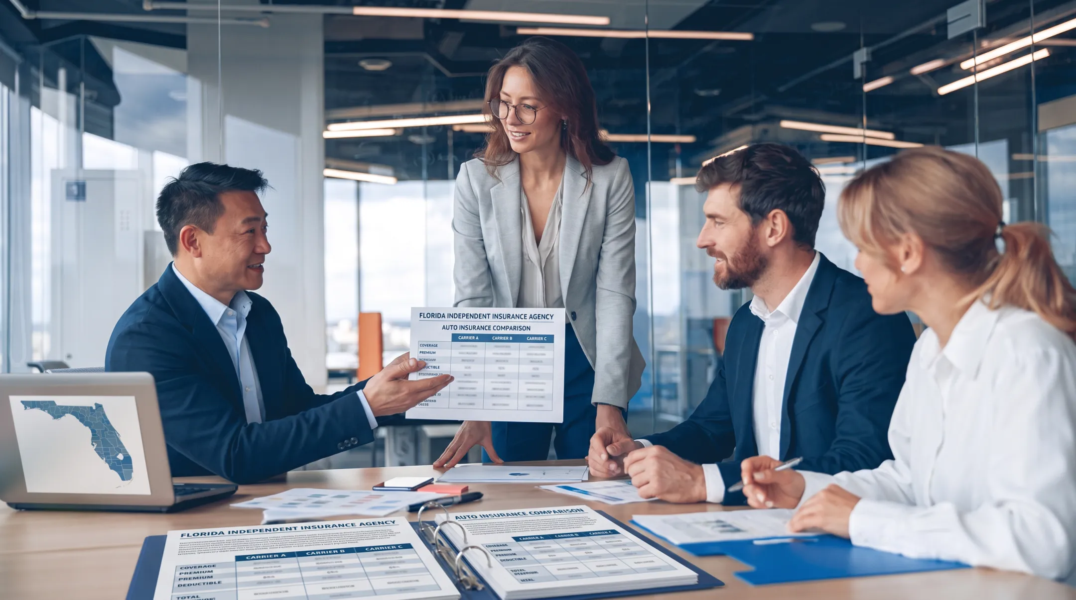 Florida independent insurance agency team comparing multiple carrier policies
