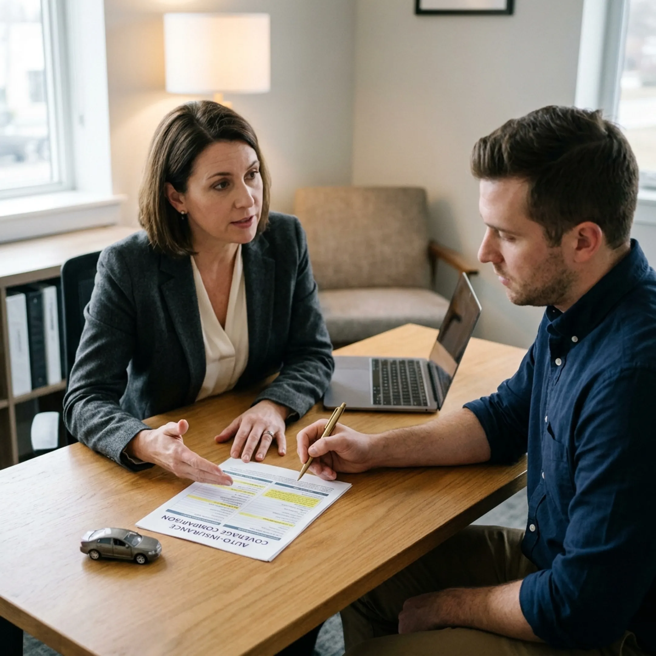 Advisor explaining auto insurance coverage options to a driver
