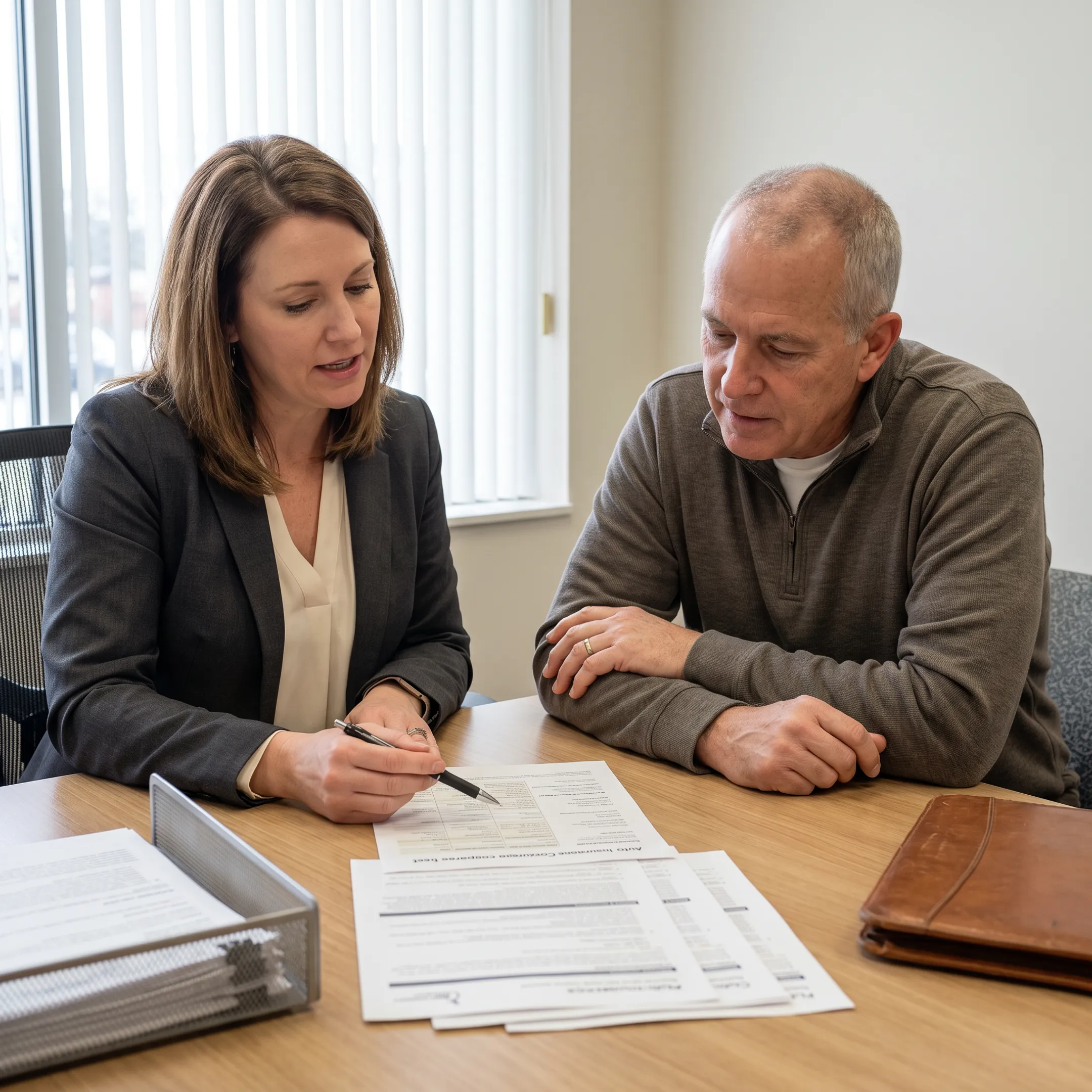Insurance professional explaining auto coverage options to a veteran