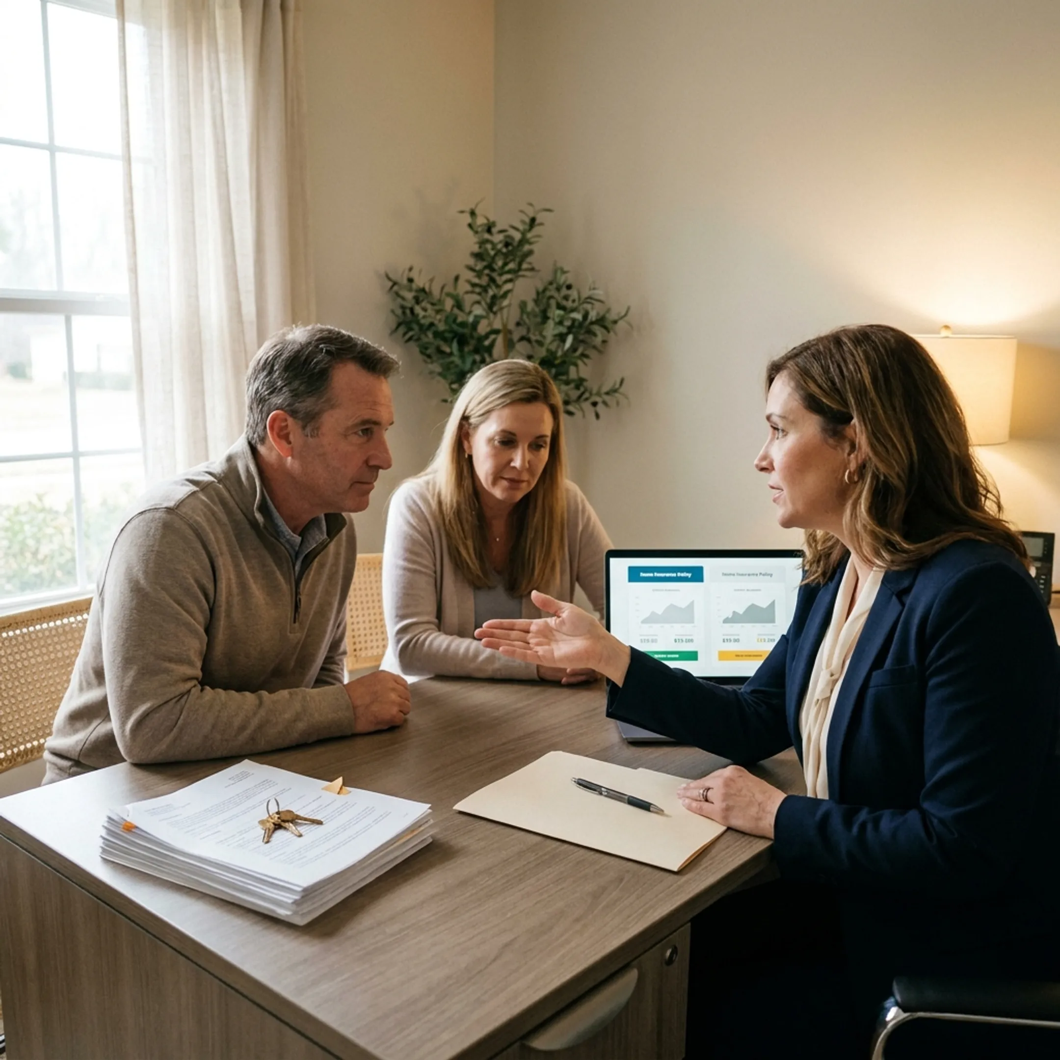 Advisor explaining home insurance coverage options to a homeowner