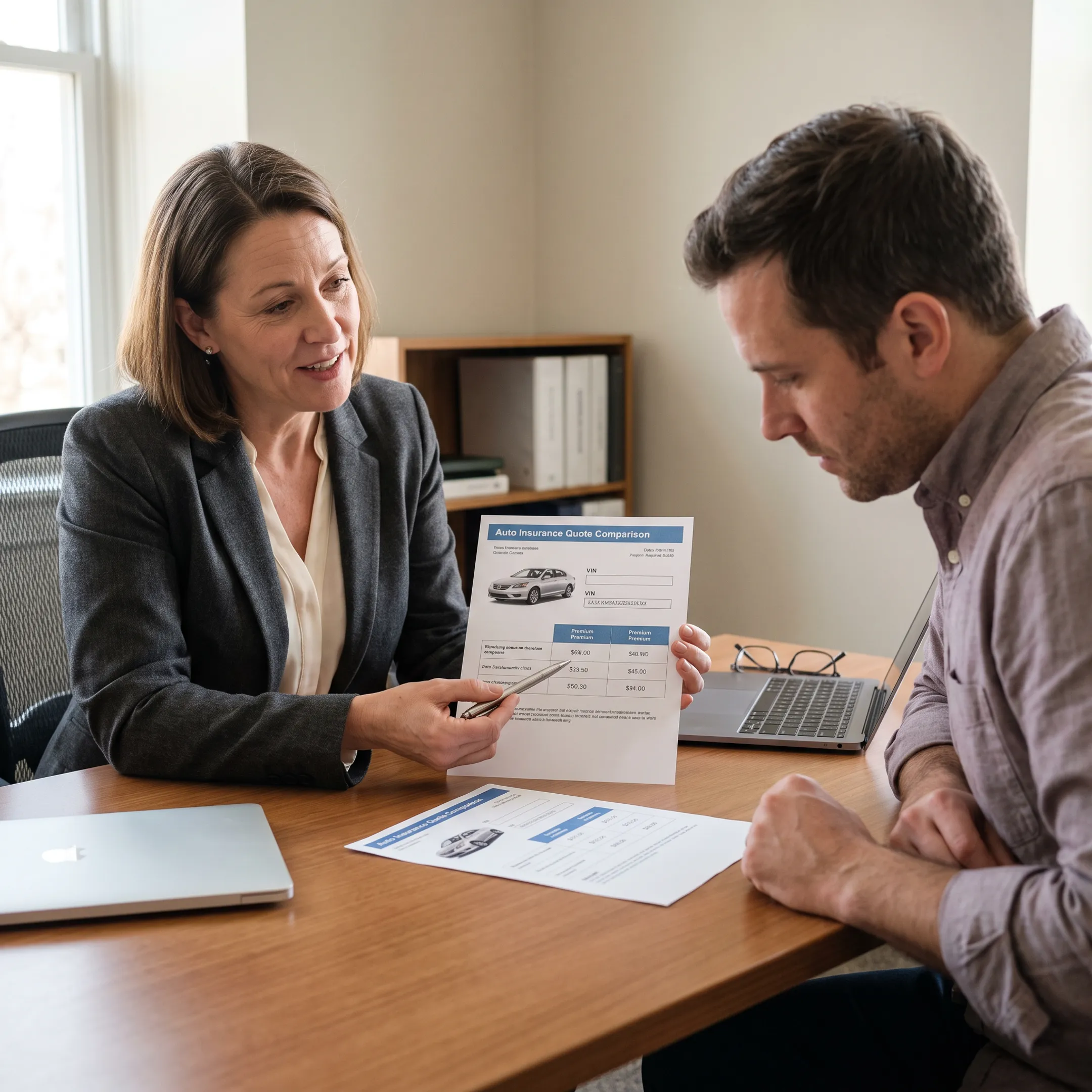 Insurance agent comparing auto insurance coverage options with a customer