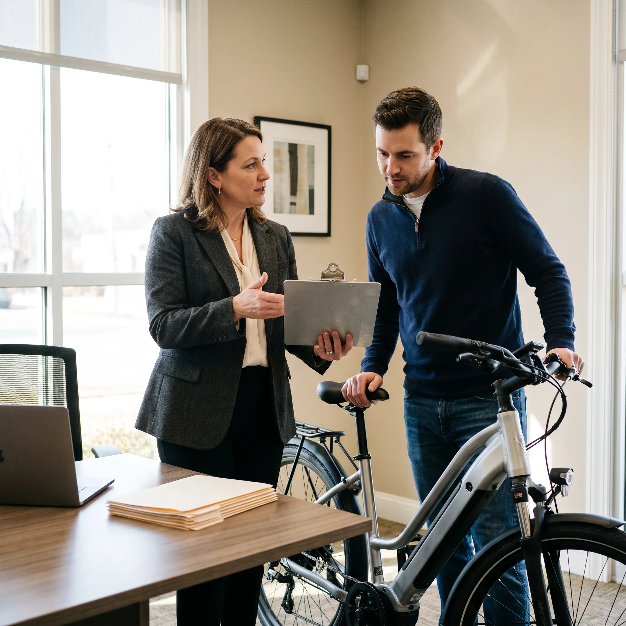 Insurance advisor explaining e-bike coverage options to a client beside an electric bicycle