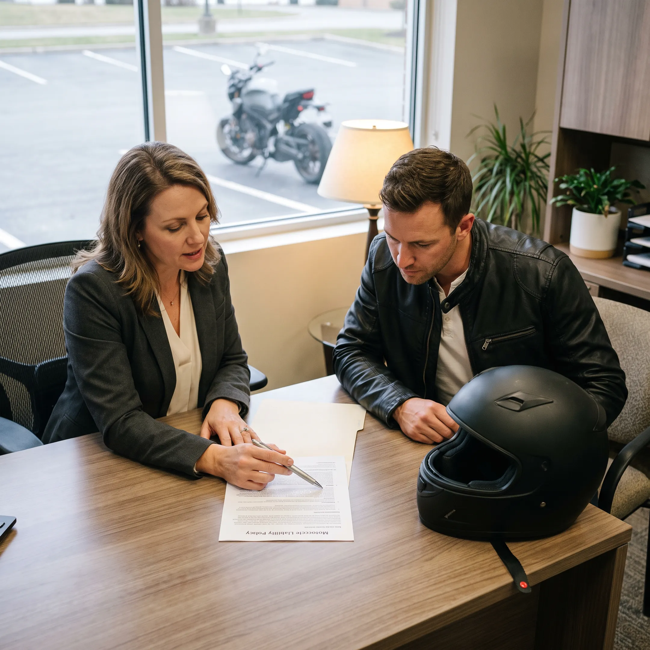 Insurance advisor explaining motorcycle liability coverage to a rider