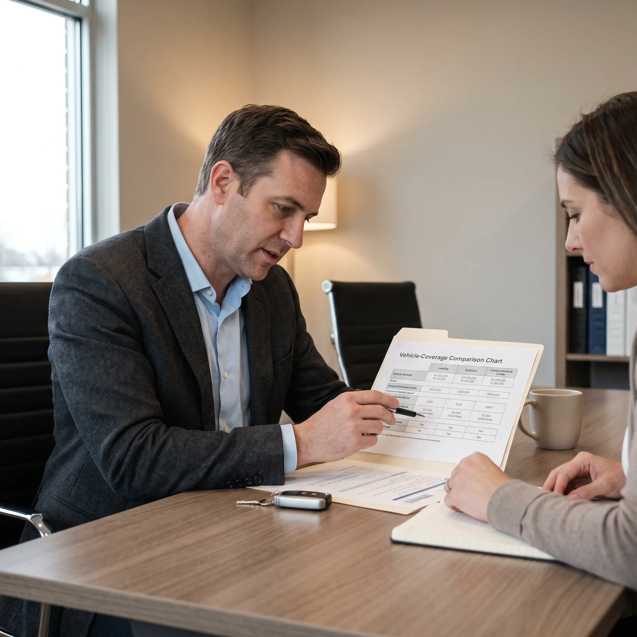 Agent explaining auto insurance coverage options to a client