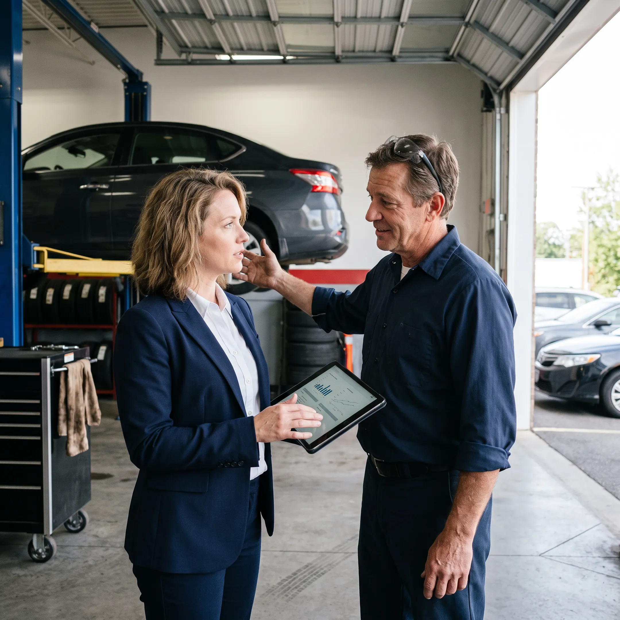 Auto repair shop owner discussing insurance coverage with an advisor