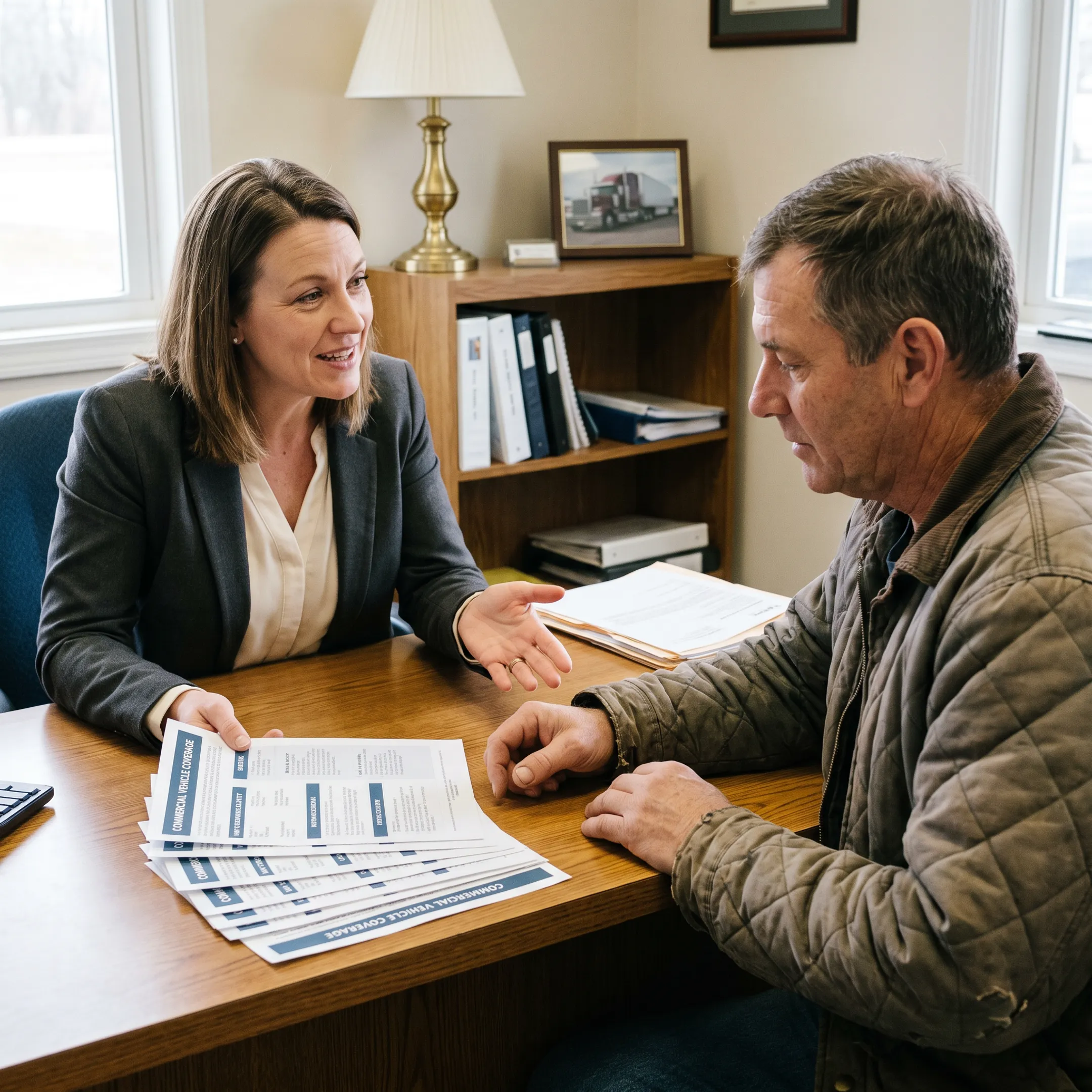 Insurance advisor explaining bobtail coverage options to a commercial vehicle owner