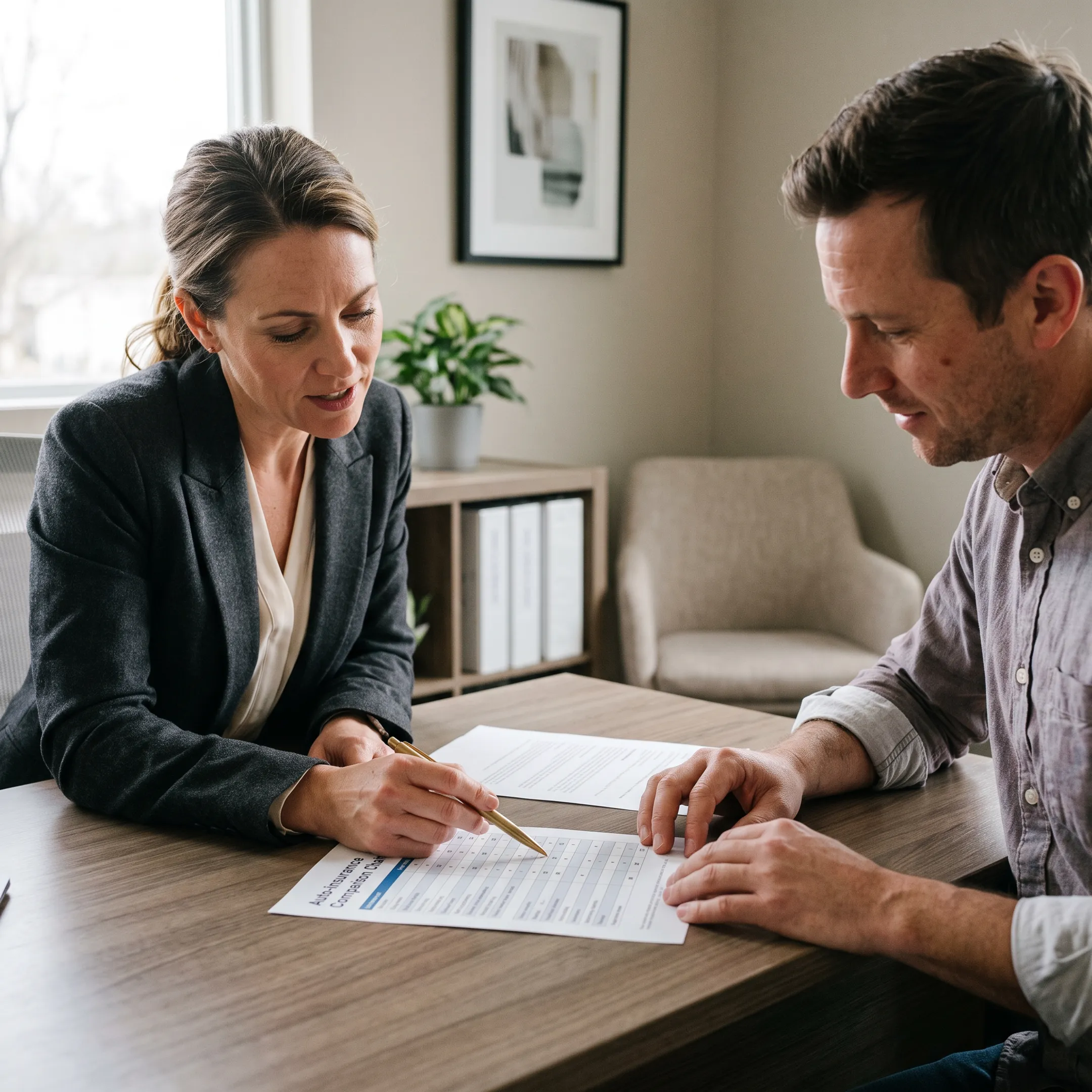 Advisor comparing personalized auto insurance options with a customer