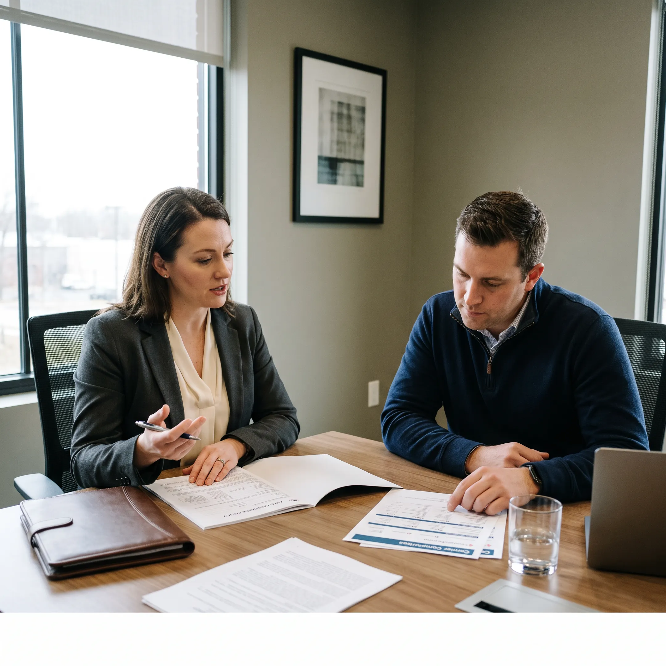 Insurance agent comparing auto insurance quote options with a New Jersey client
