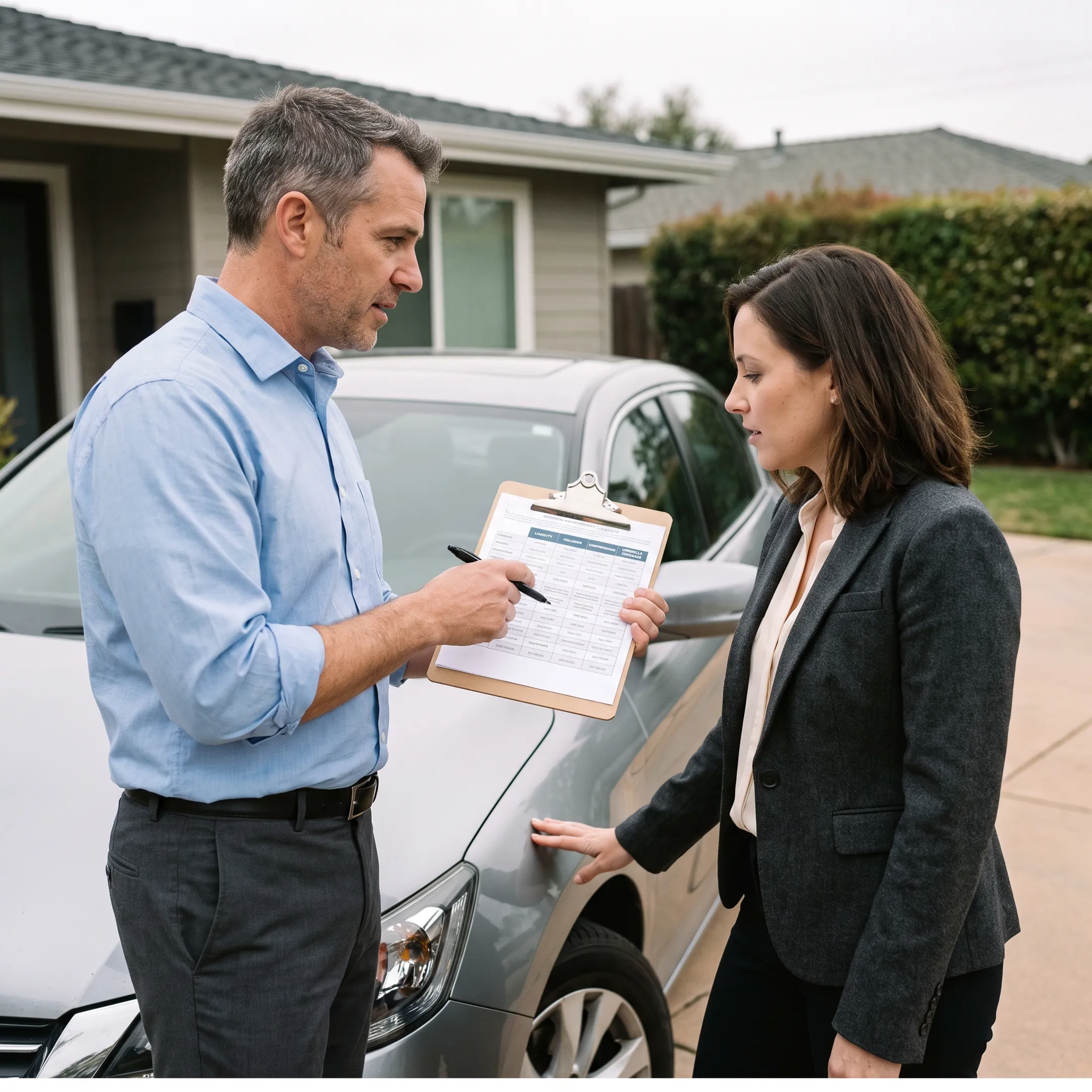 Agent explaining car insurance choices to a customer