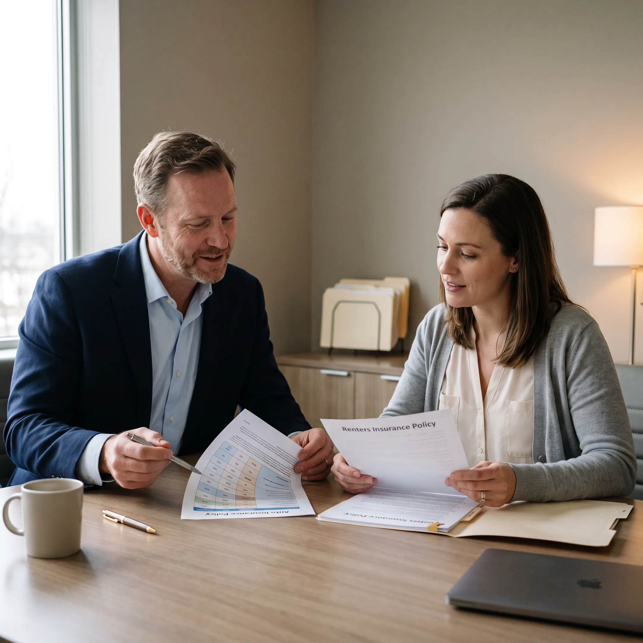 Advisor comparing auto and renters insurance policies