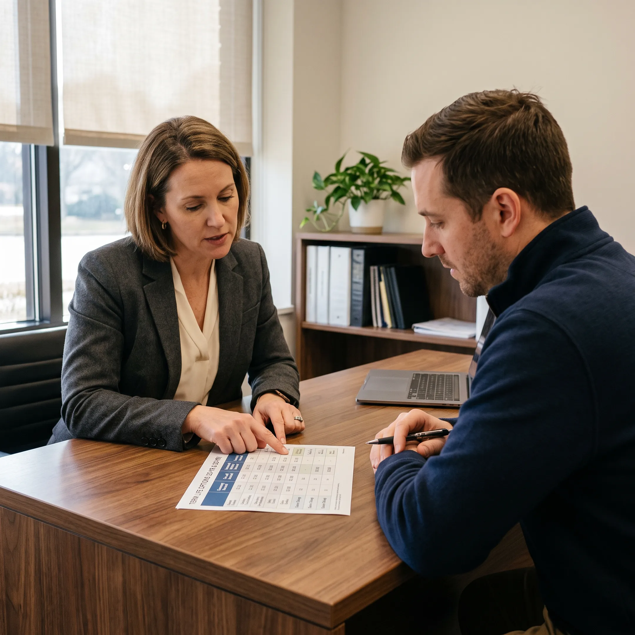 Advisor explaining term life insurance quote options to a client