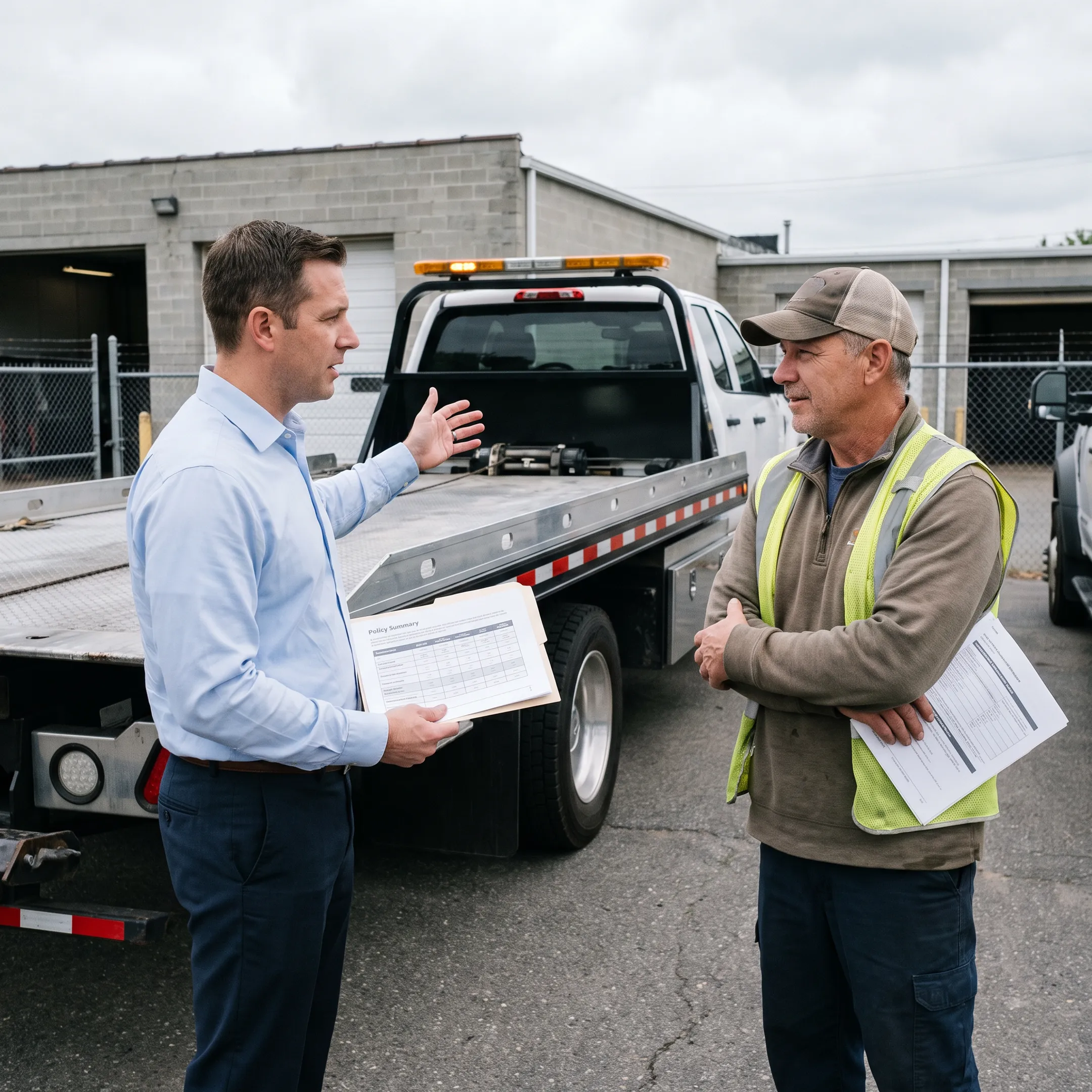 Insurance professional discussing towing business coverage with an operator