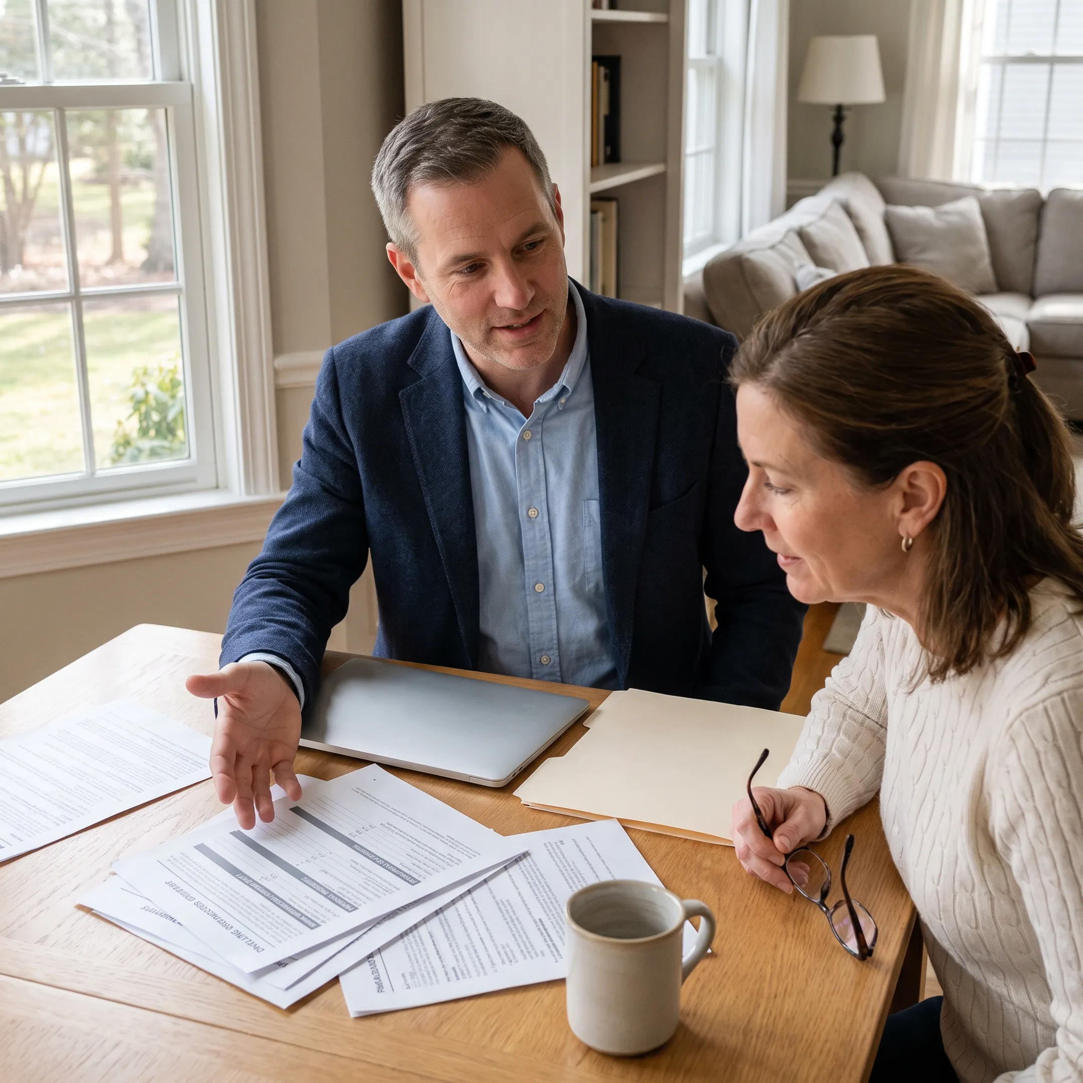 Advisor explaining homeowners insurance coverage to a Massachusetts homeowner