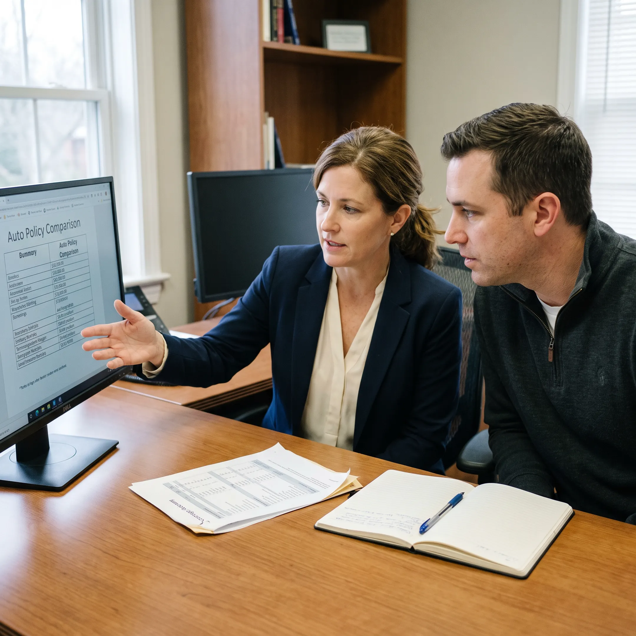 Advisor comparing car insurance coverage options with a customer