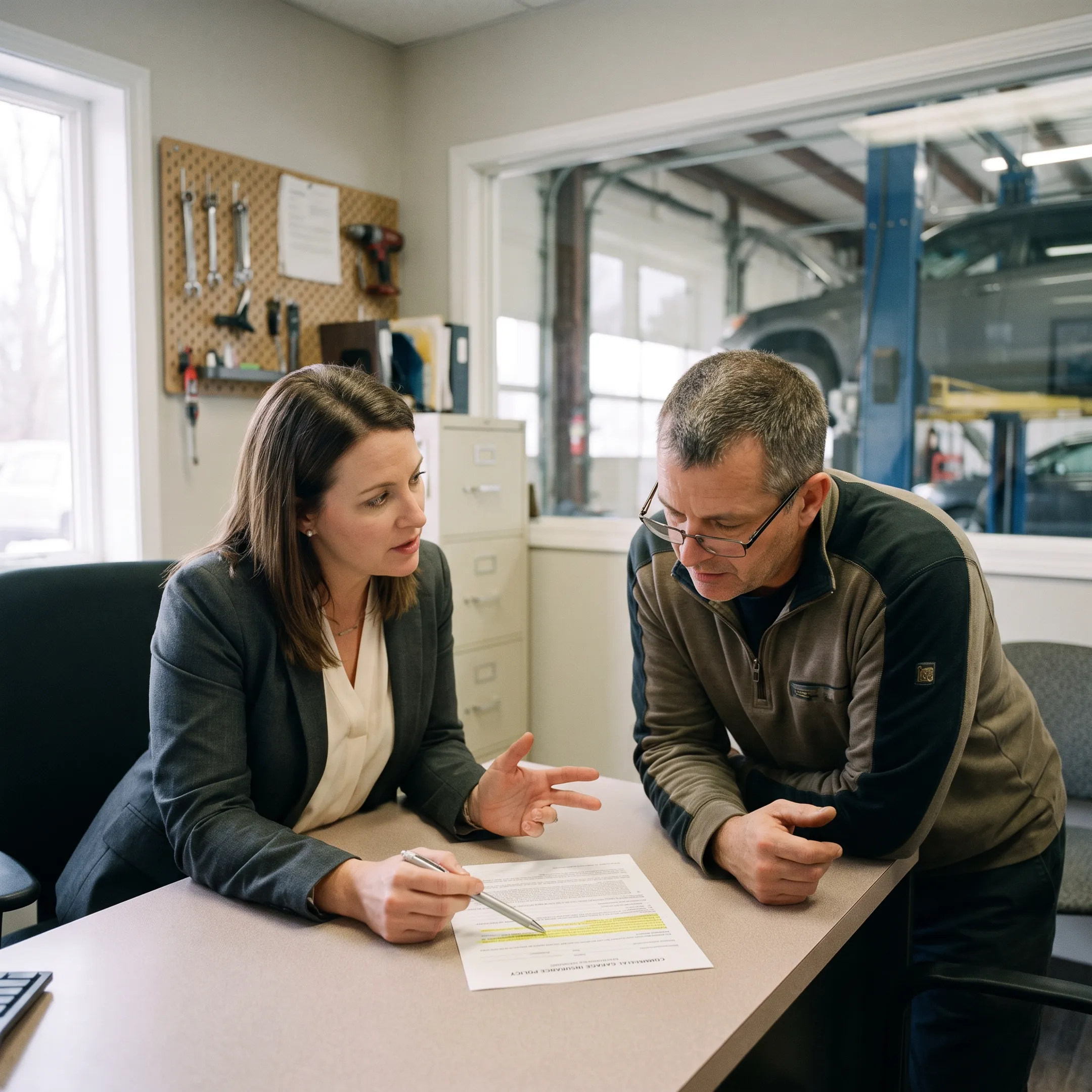 Auto repair owner reviewing commercial insurance options with an advisor