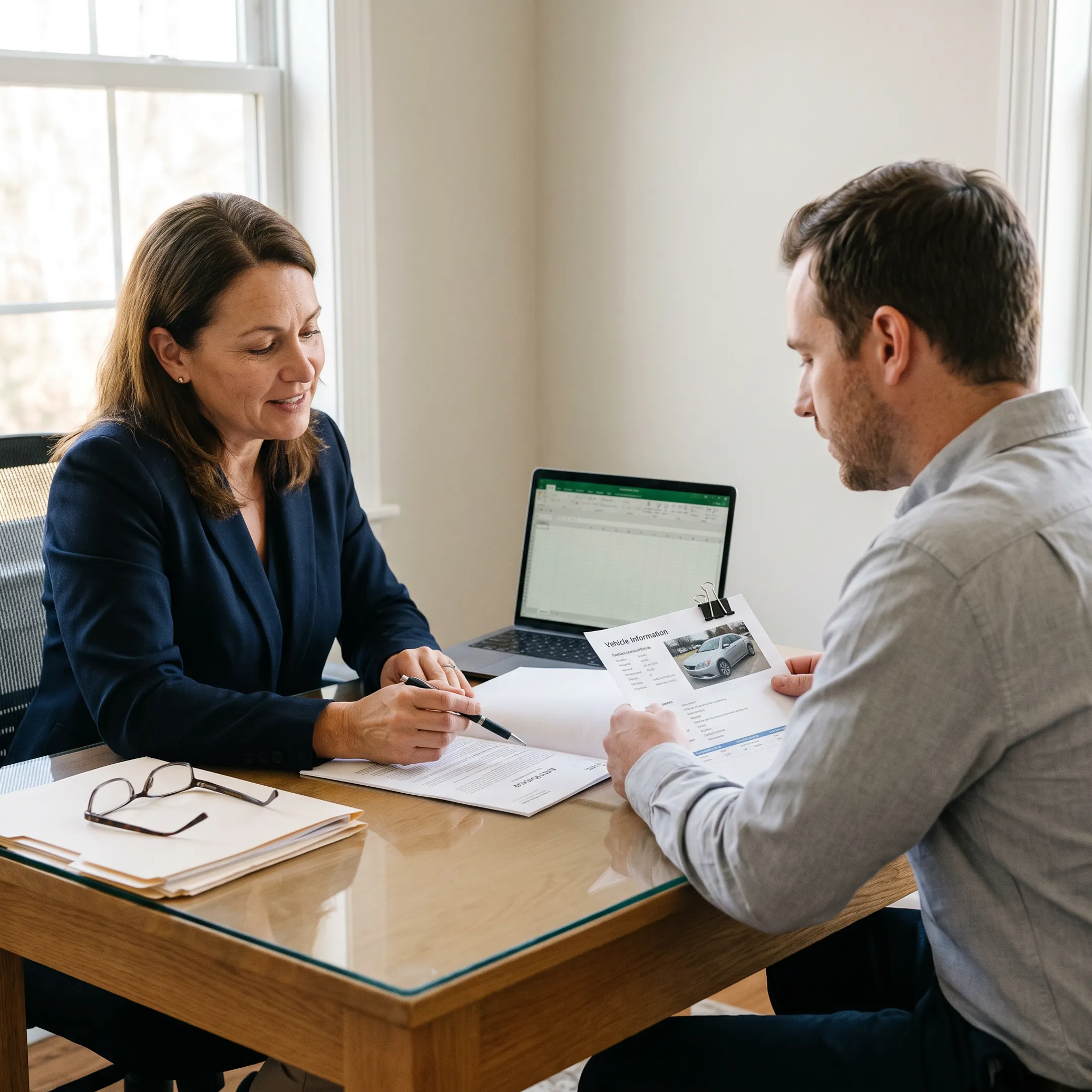 Agent comparing auto insurance policies with a Florida customer