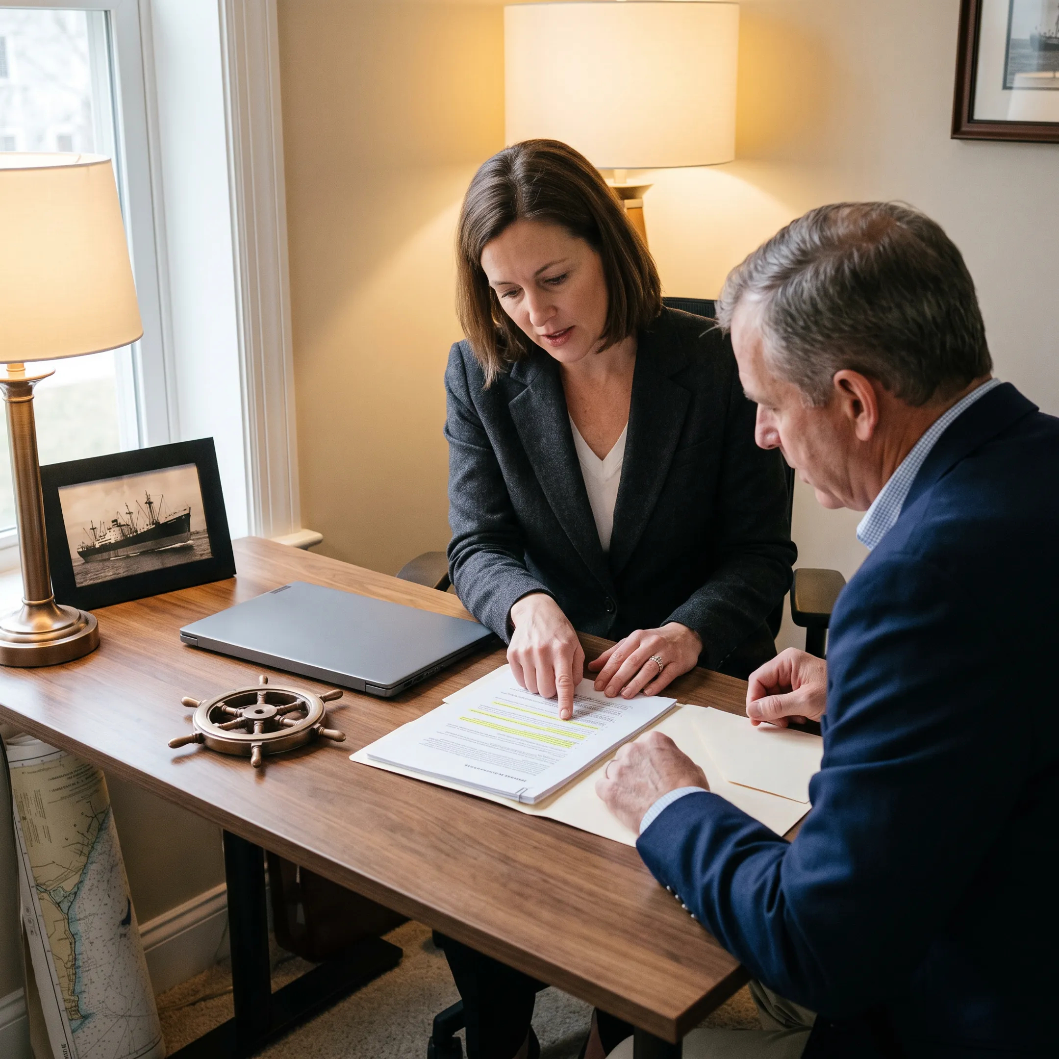 Insurance professional discussing ocean marine coverage with a client