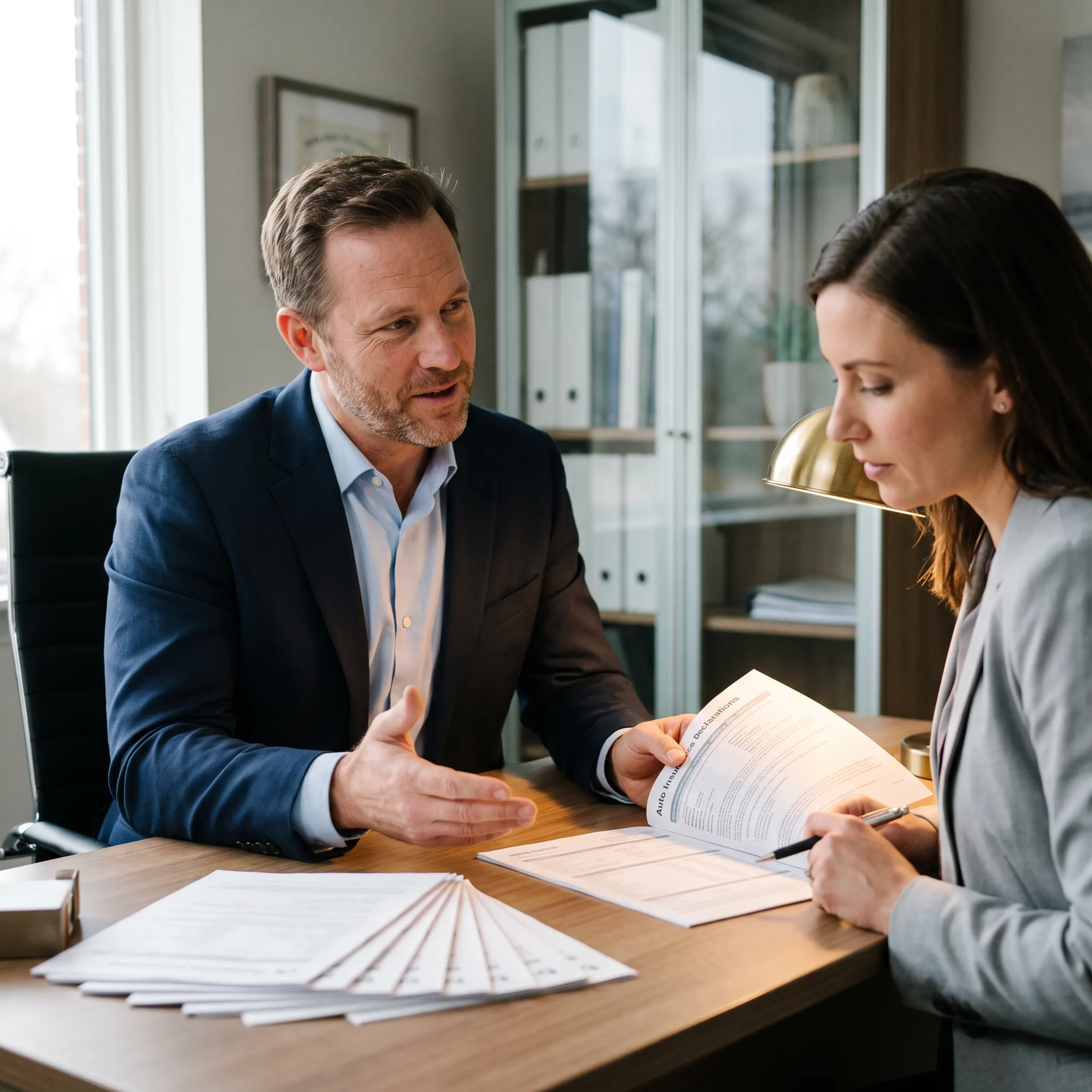 Insurance agent explaining auto coverage options to a New York customer