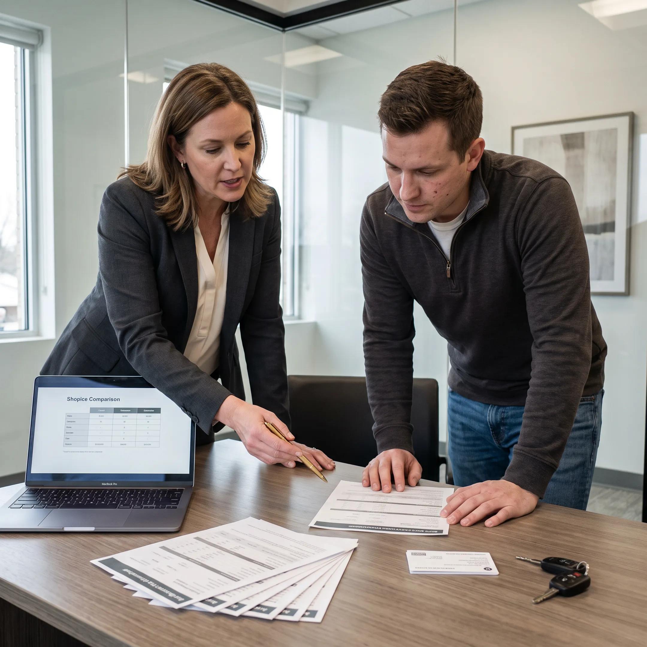 Advisor comparing auto insurance coverage options with a client