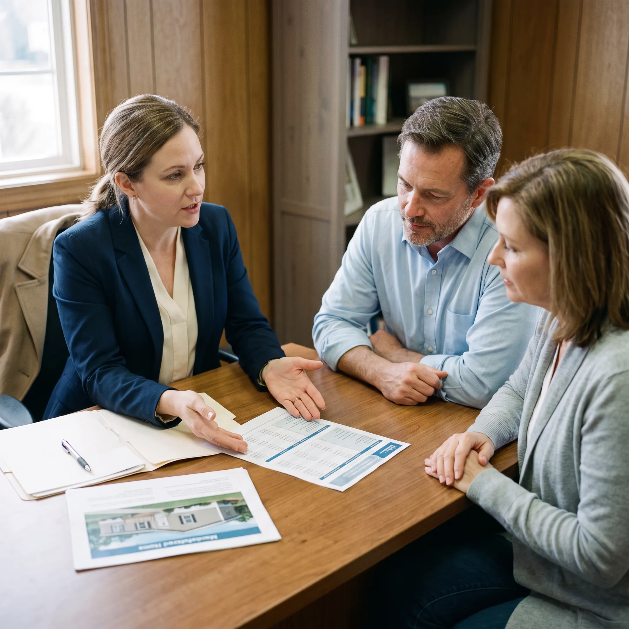 Advisor explaining manufactured home insurance quote options to a couple