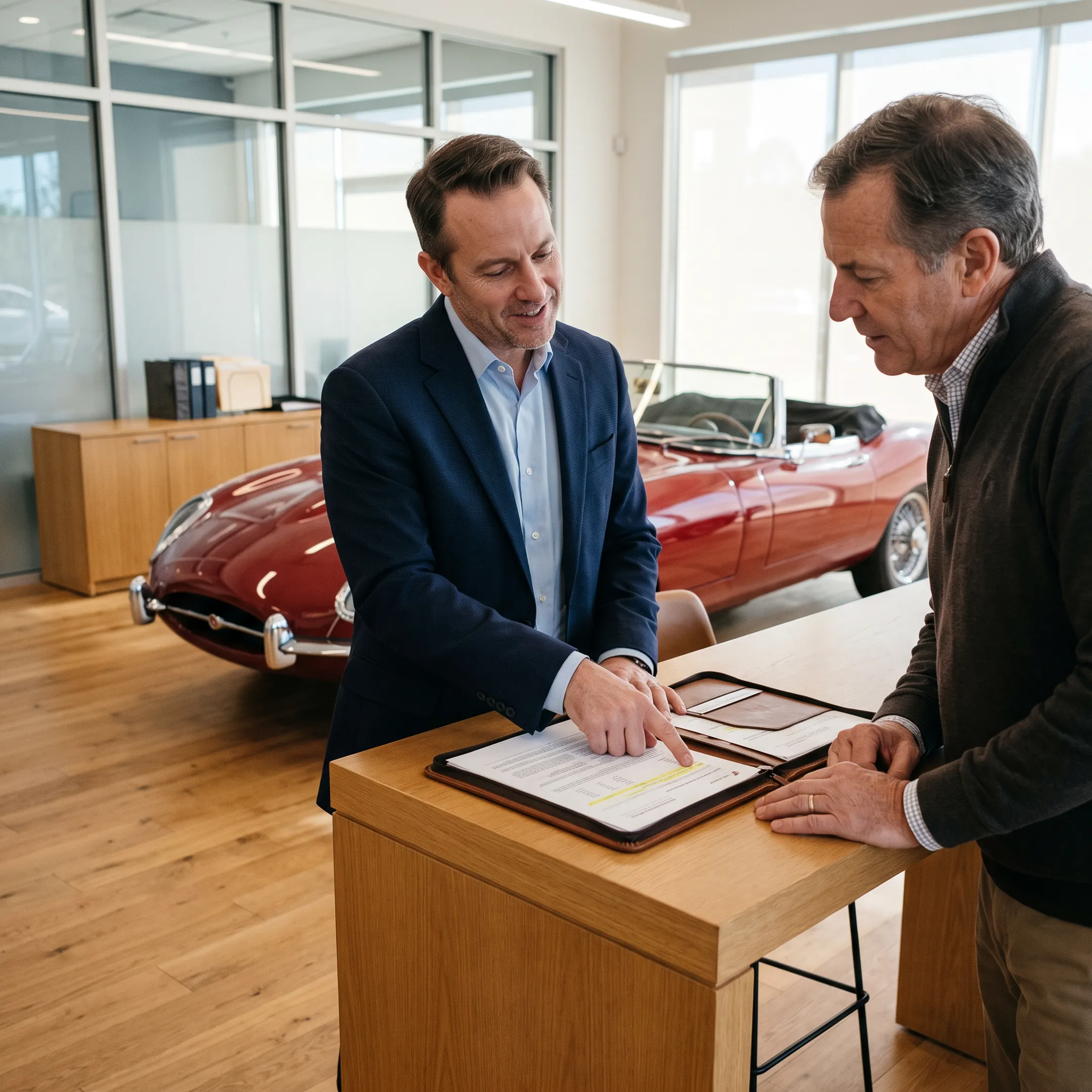 Insurance professional reviewing collector car coverage with a client