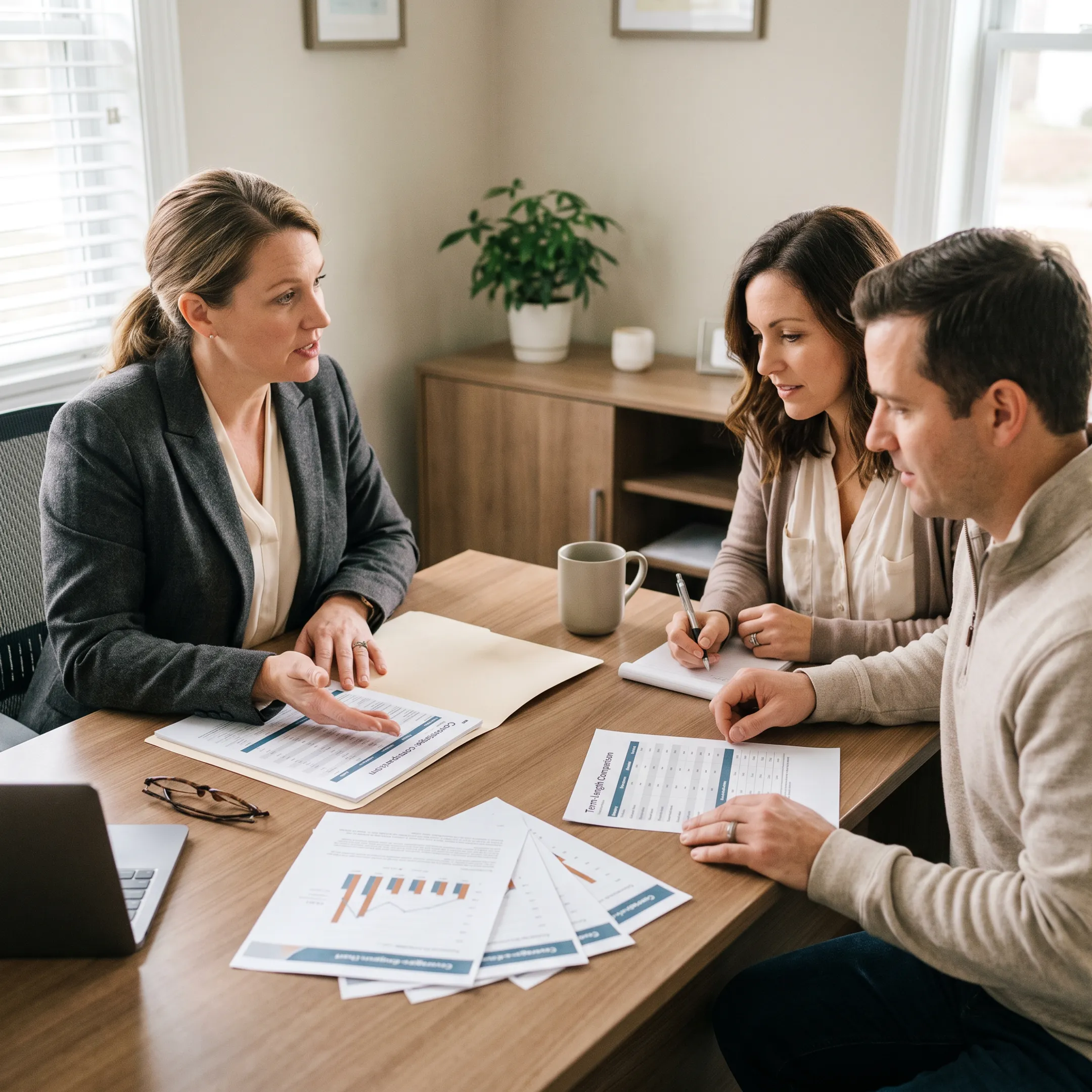Advisor explaining term life insurance coverage choices to a couple