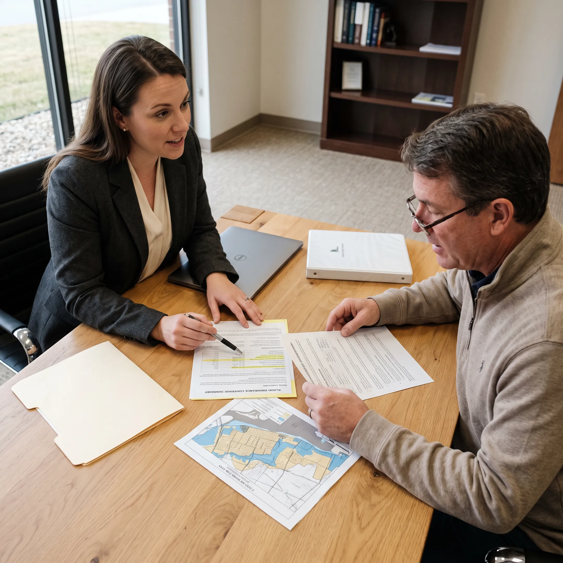Advisor explaining flood insurance coverage to a property owner