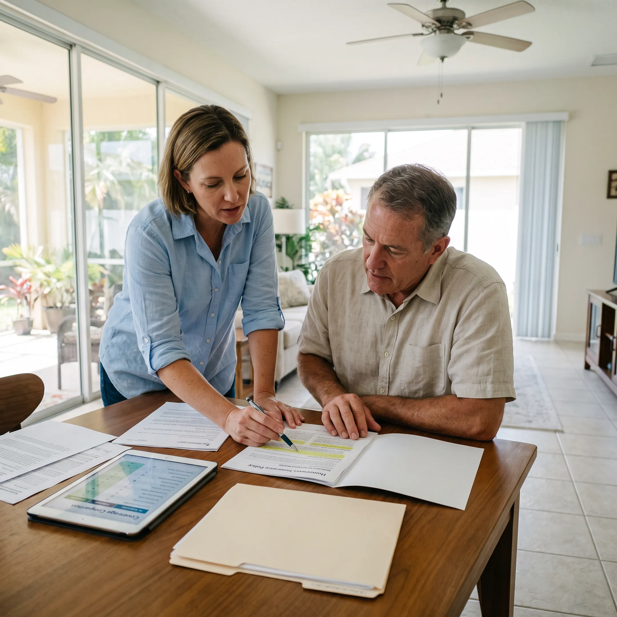 Advisor explaining Florida homeowners insurance coverage options