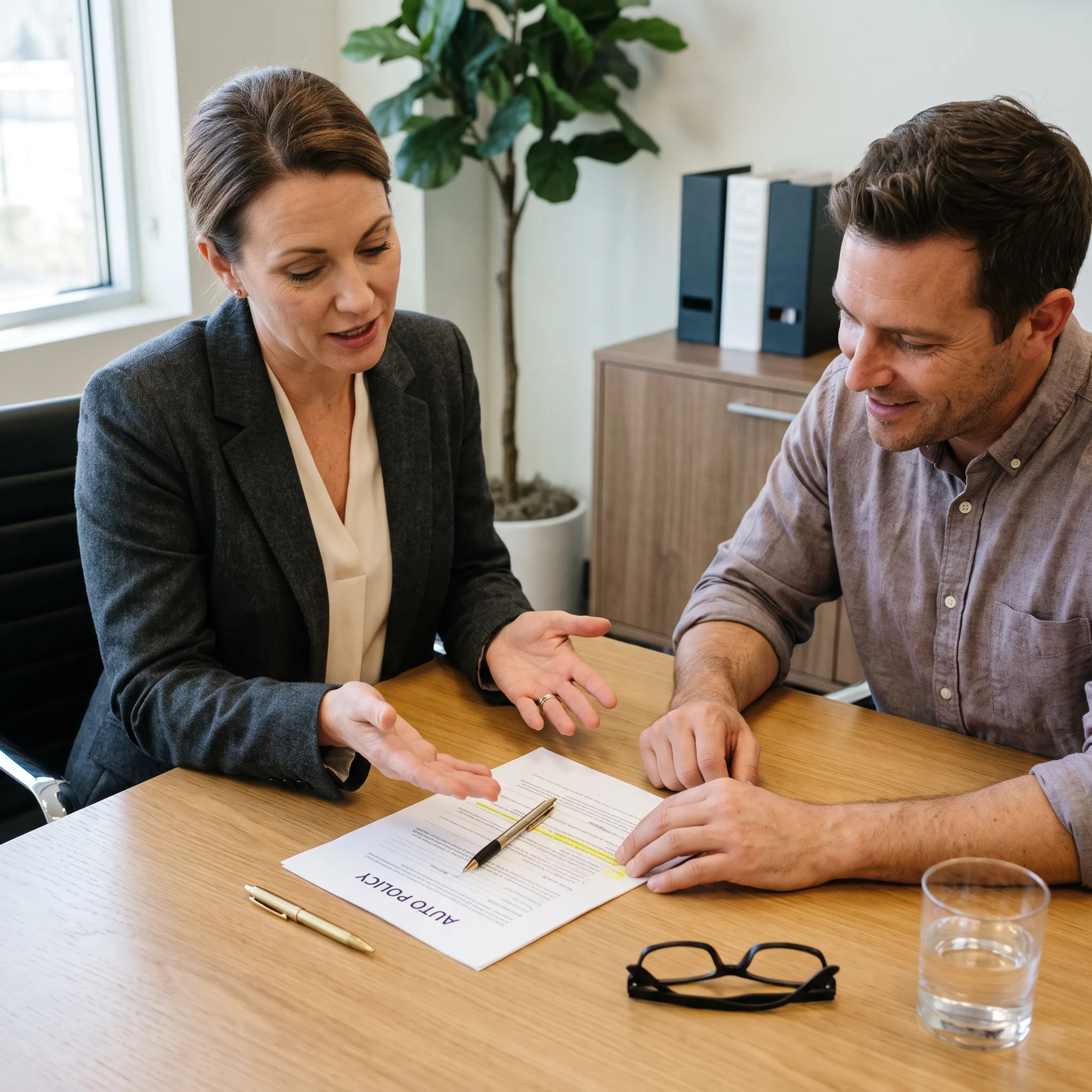 Advisor explaining personalized auto insurance coverage to a client